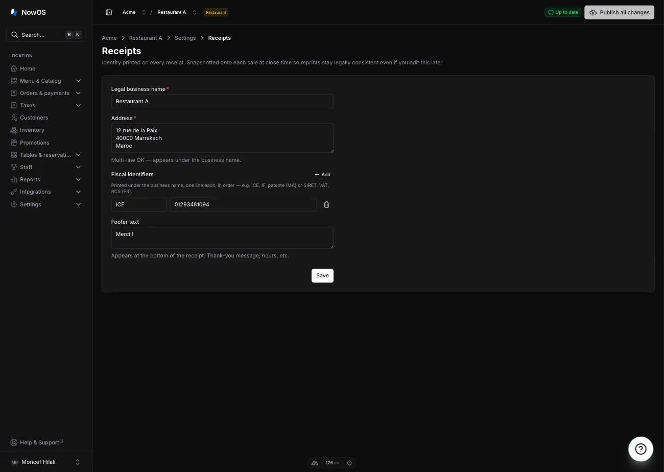 backoffice, Settings → Receipts — filled identity form and publication control in the global header