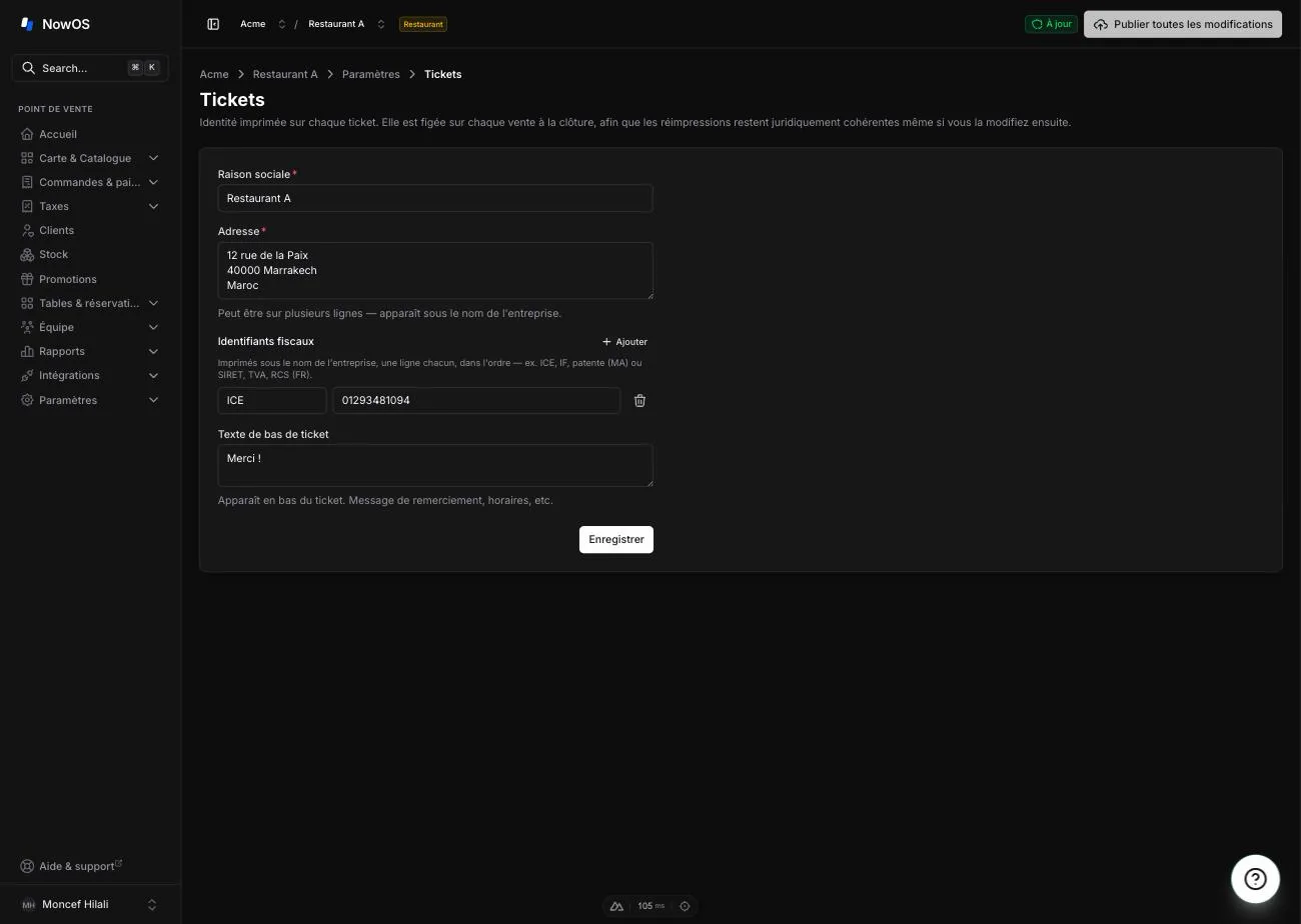 backoffice, Settings → Receipts — formulaire d'identité rempli et contrôle de publication dans l'en-tête global
