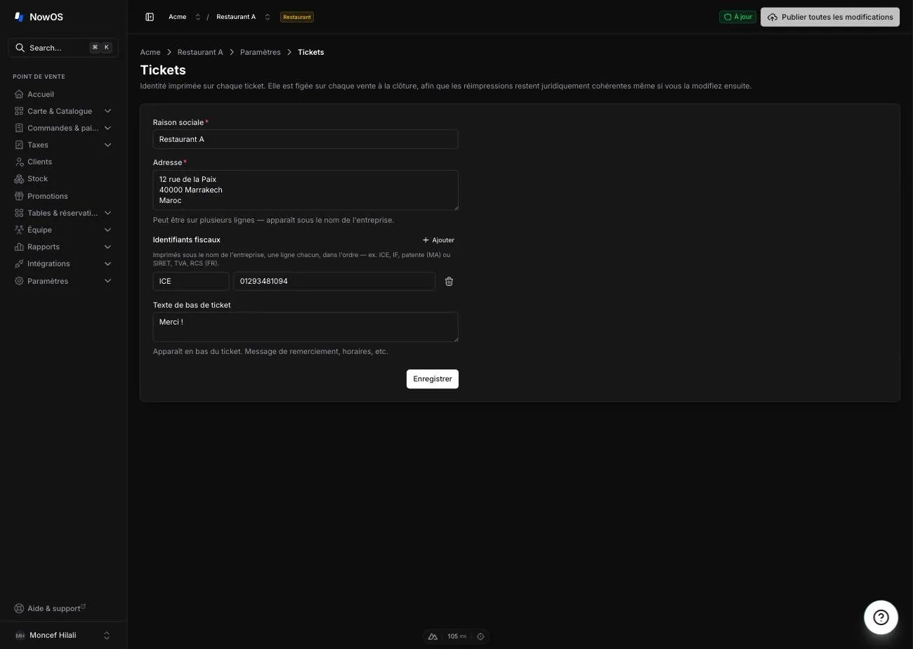 backoffice, Settings → Receipts — formulaire d'identité rempli et contrôle de publication dans l'en-tête global