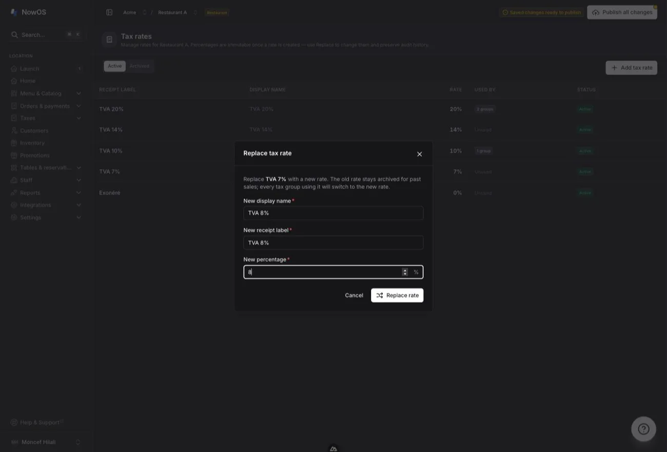 the 'Replace tax rate' window filled in — New display name, New receipt label, New percentage fields and 'Replace rate' button