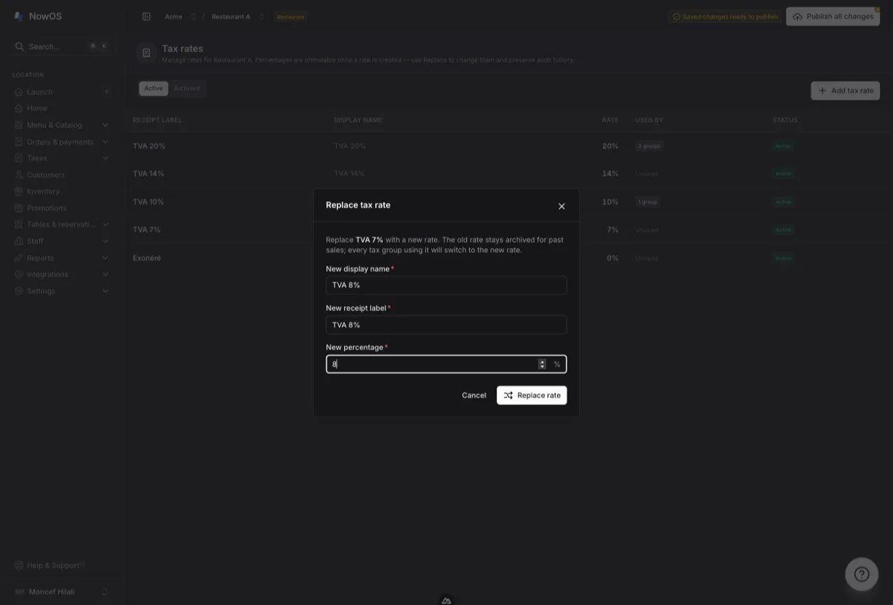 the 'Replace tax rate' window filled in — New display name, New receipt label, New percentage fields and 'Replace rate' button