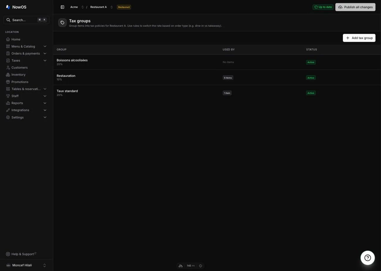 Taxes → Groups screen of a freshly created French restaurant location — the four seeded groups