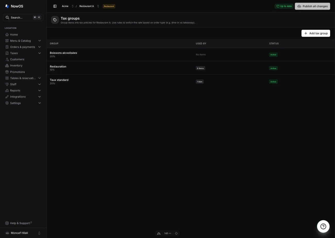 Taxes → Groups screen of a freshly created French restaurant location — the four seeded groups