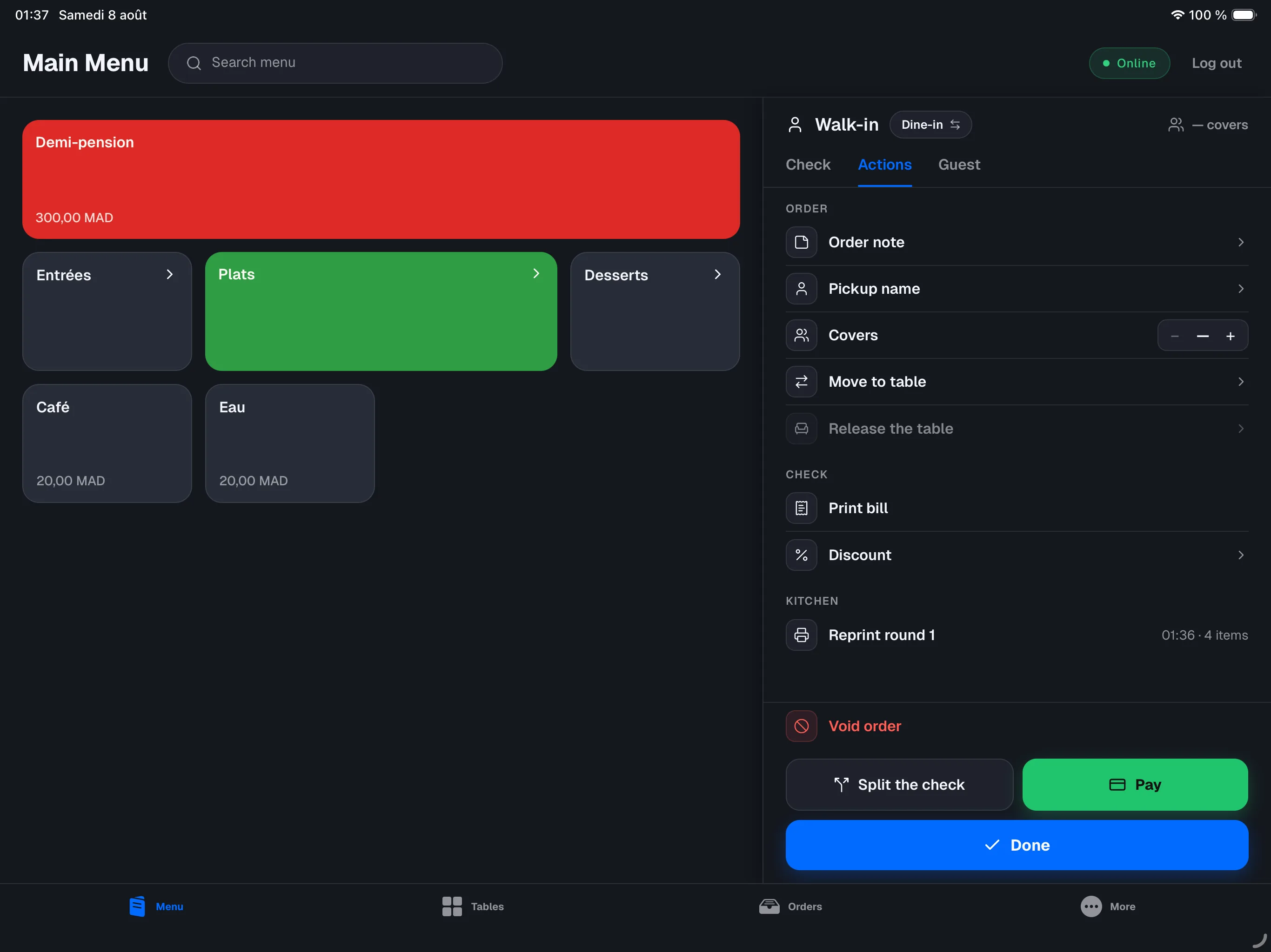 Actions tab on an open order — ORDER and CHECK sections visible, Void order button at the bottom