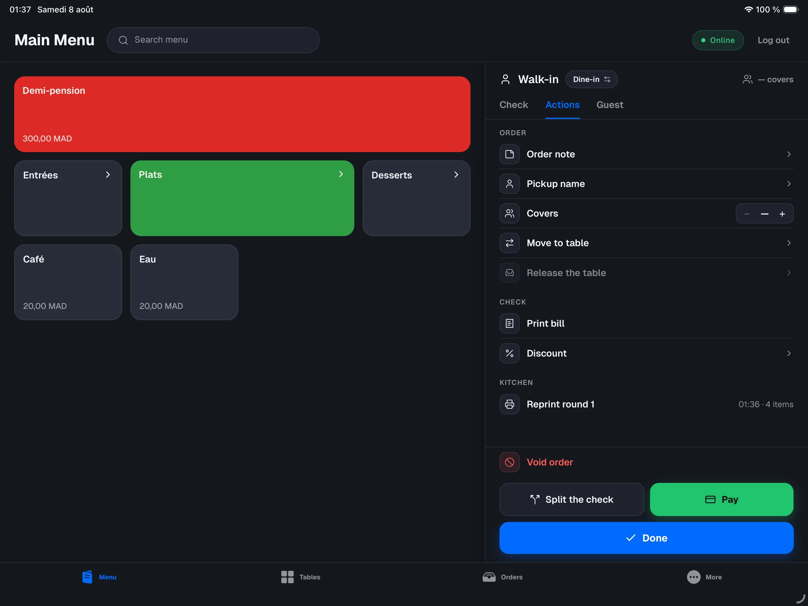 Actions tab on an open order — ORDER and CHECK sections visible, Void order button at the bottom