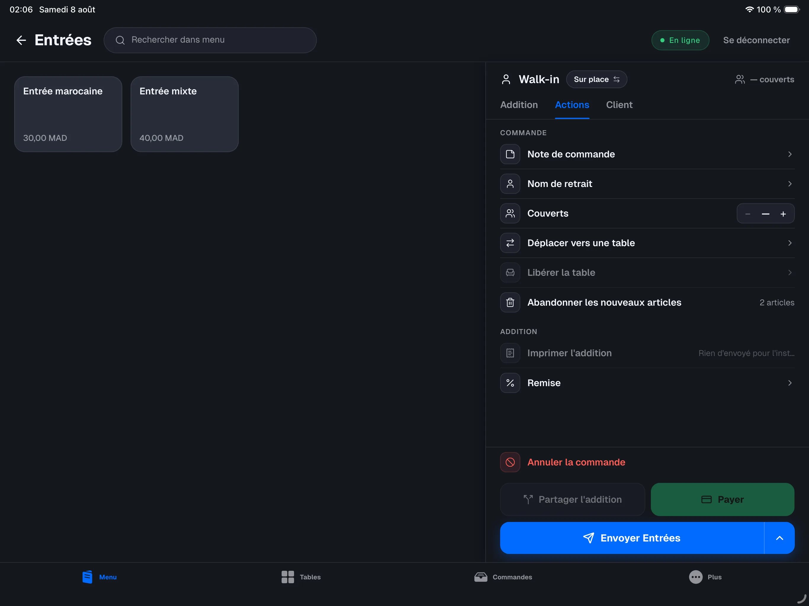 mode restaurant — onglet Actions d'une commande avec les sections CHECK (Print bill), KITCHEN (Reprint round 1) et RECEIPTS (Reprint receipt) visibles