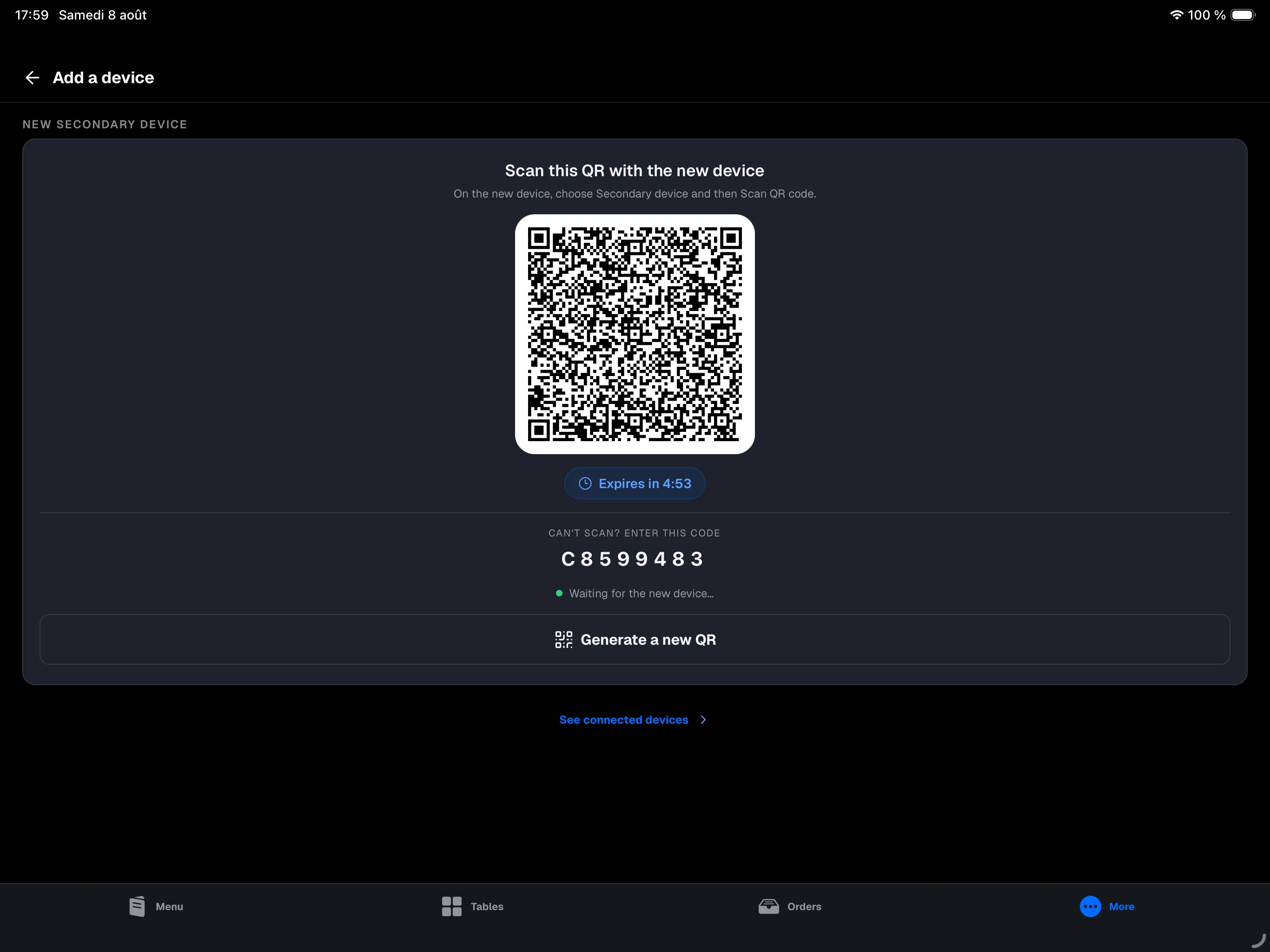 main register — More → Add a device screen with an active pairing QR