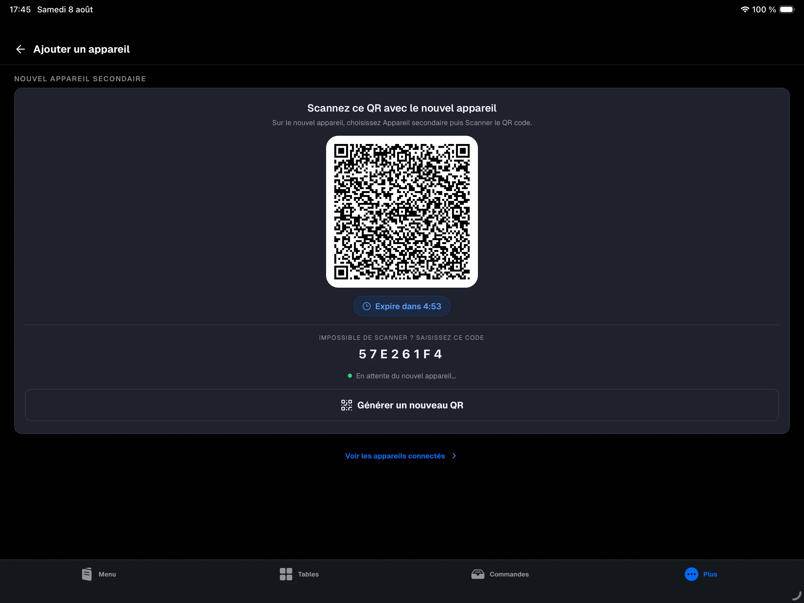caisse principale, écran Plus → Ajouter un appareil avec QR, compte à rebours, code à 8 caractères et liste des appareils