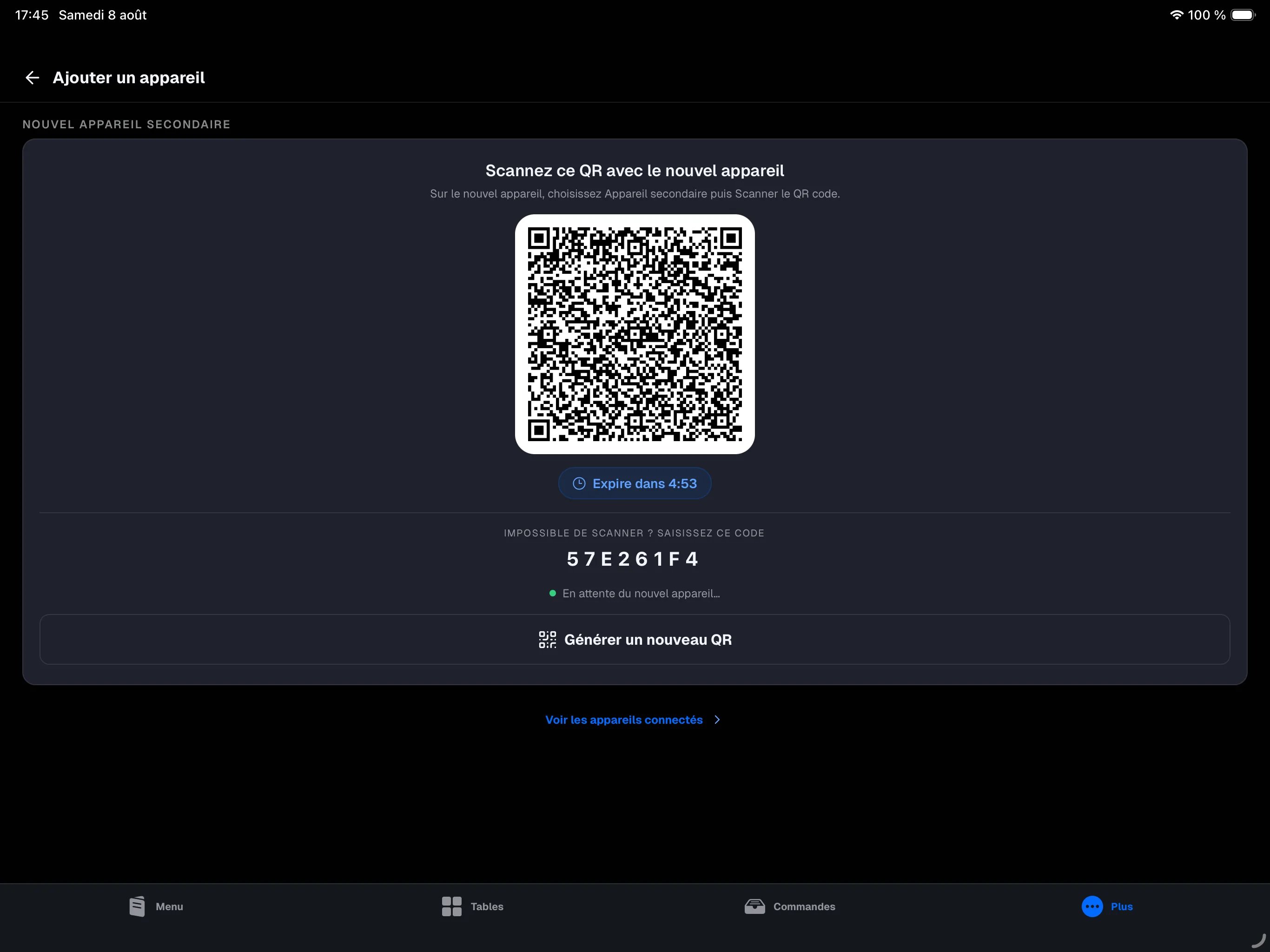 caisse principale, écran Plus → Ajouter un appareil avec QR, compte à rebours, code à 8 caractères et liste des appareils