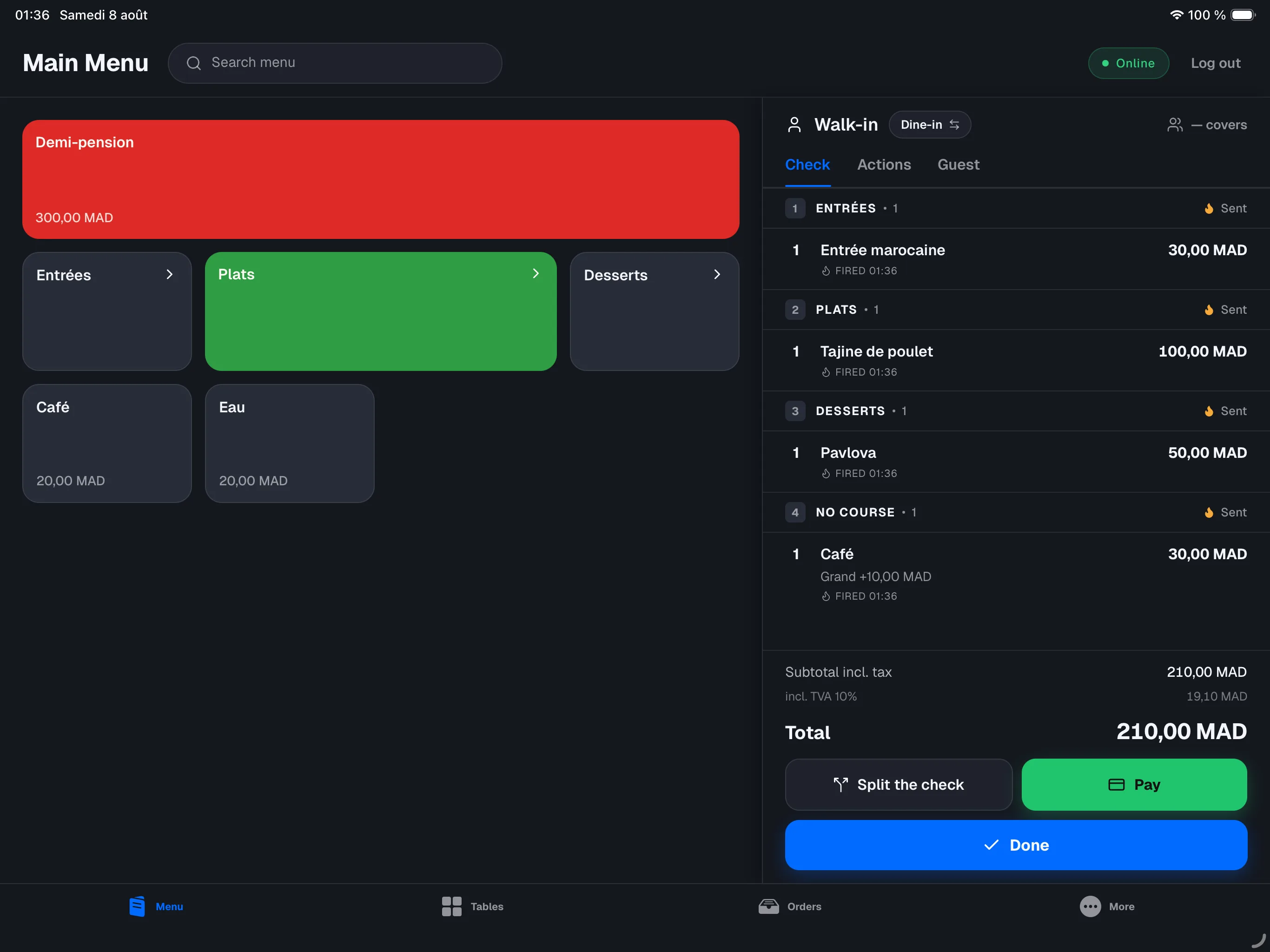 the register in restaurant mode, Menu tab, an order with sent lines and pending lines, and the bottom bar Split / Pay / Send