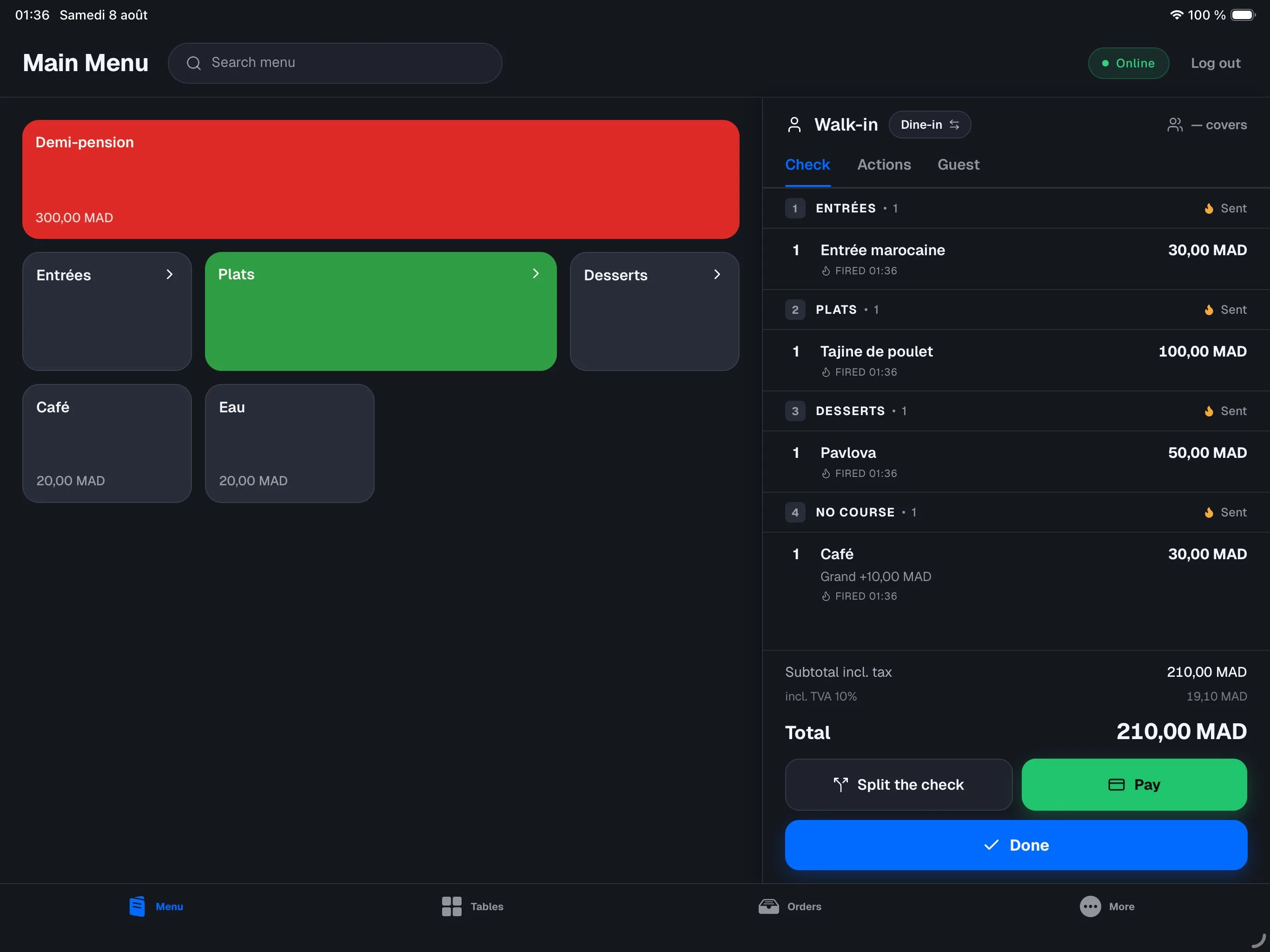 the register in restaurant mode, Menu tab, an order with sent lines and pending lines, and the bottom bar Split / Pay / Send