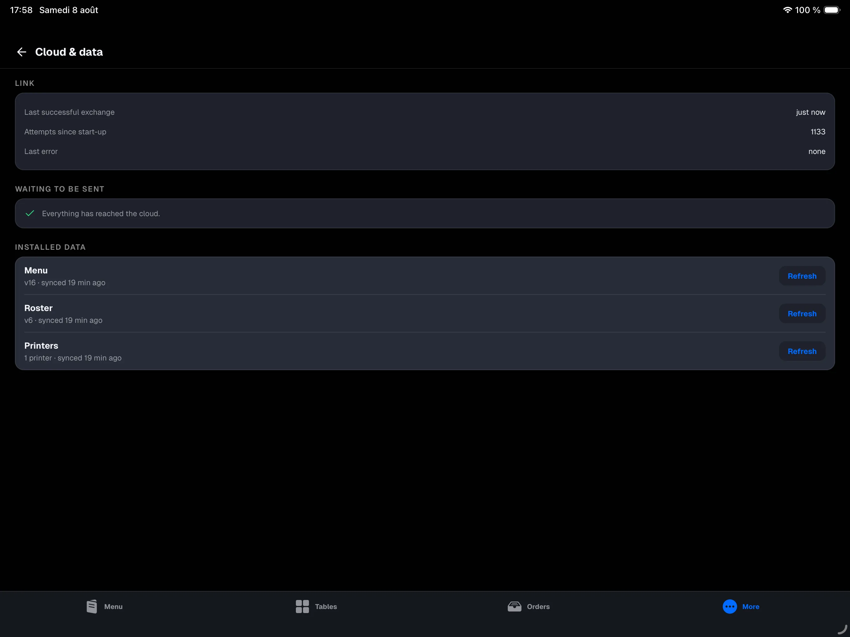 main register, Cloud & data screen — queues and installed versions