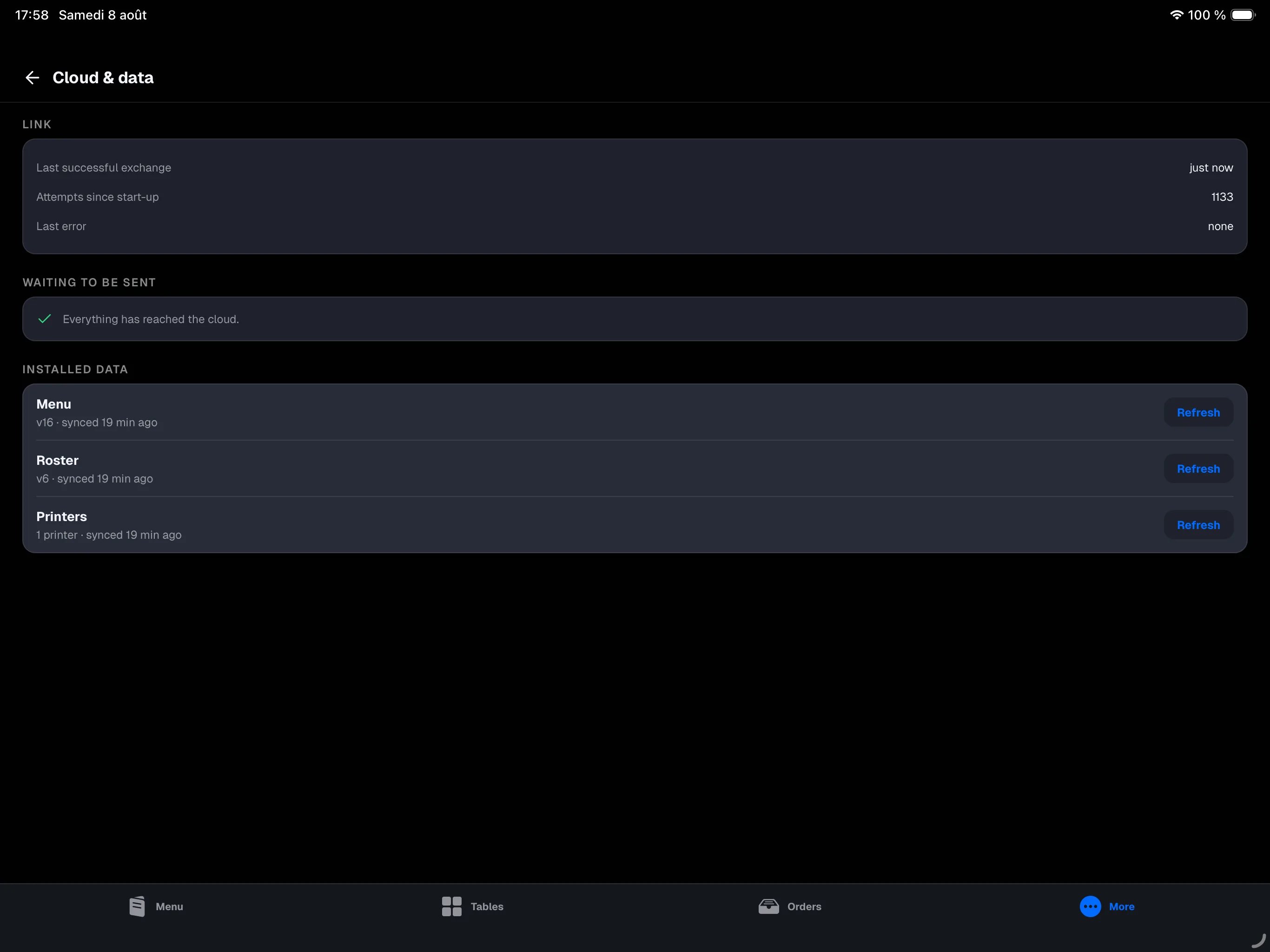 main register, Cloud & data screen — queues and installed versions