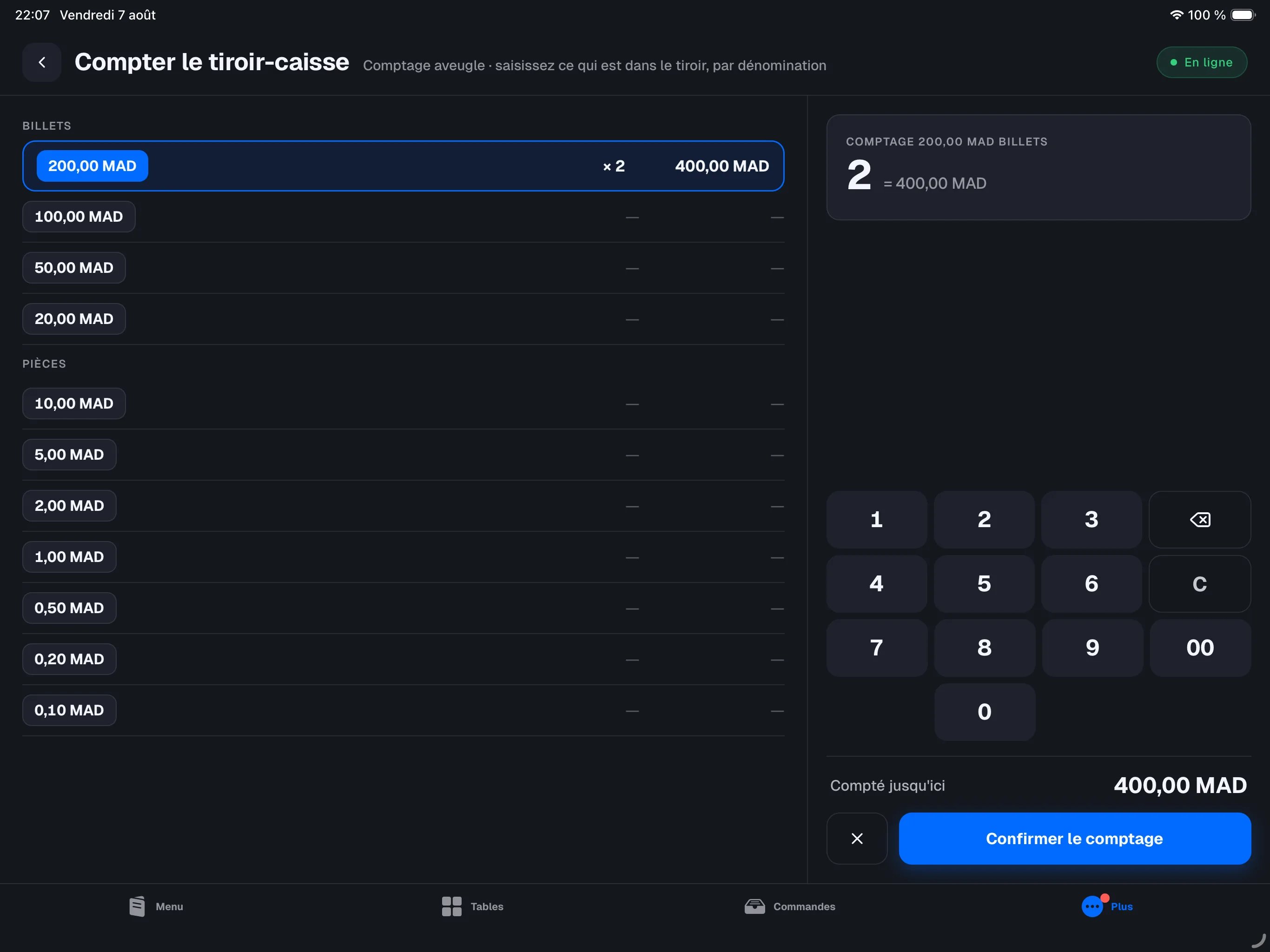 écran Count cash drawer — liste des coupures NOTES/COINS à gauche, coupure sélectionnée en surbrillance, pavé numérique et total Counted so far à droite