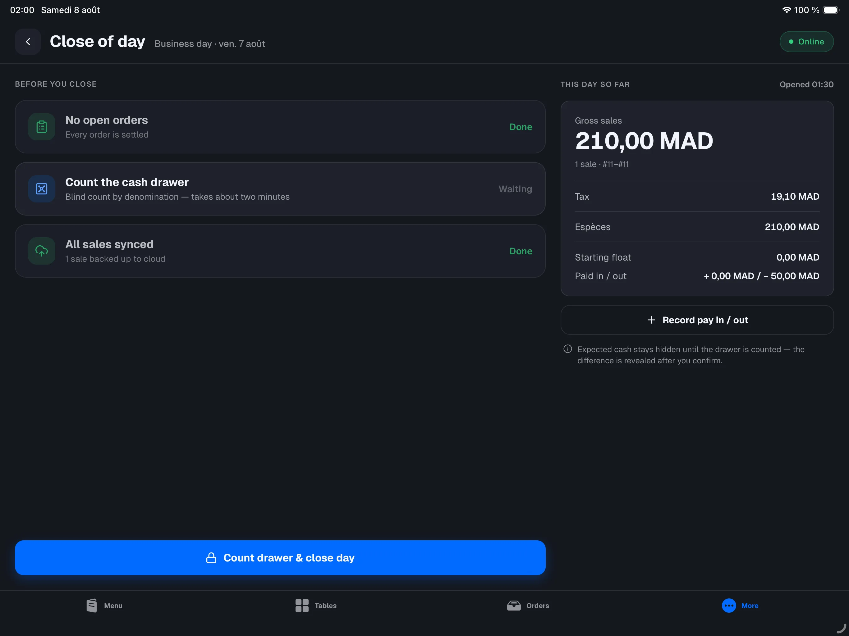 Close of day screen — BEFORE YOU CLOSE checklist on the left (open orders, count, sync), TODAY SO FAR card on the right, Count drawer & close day button