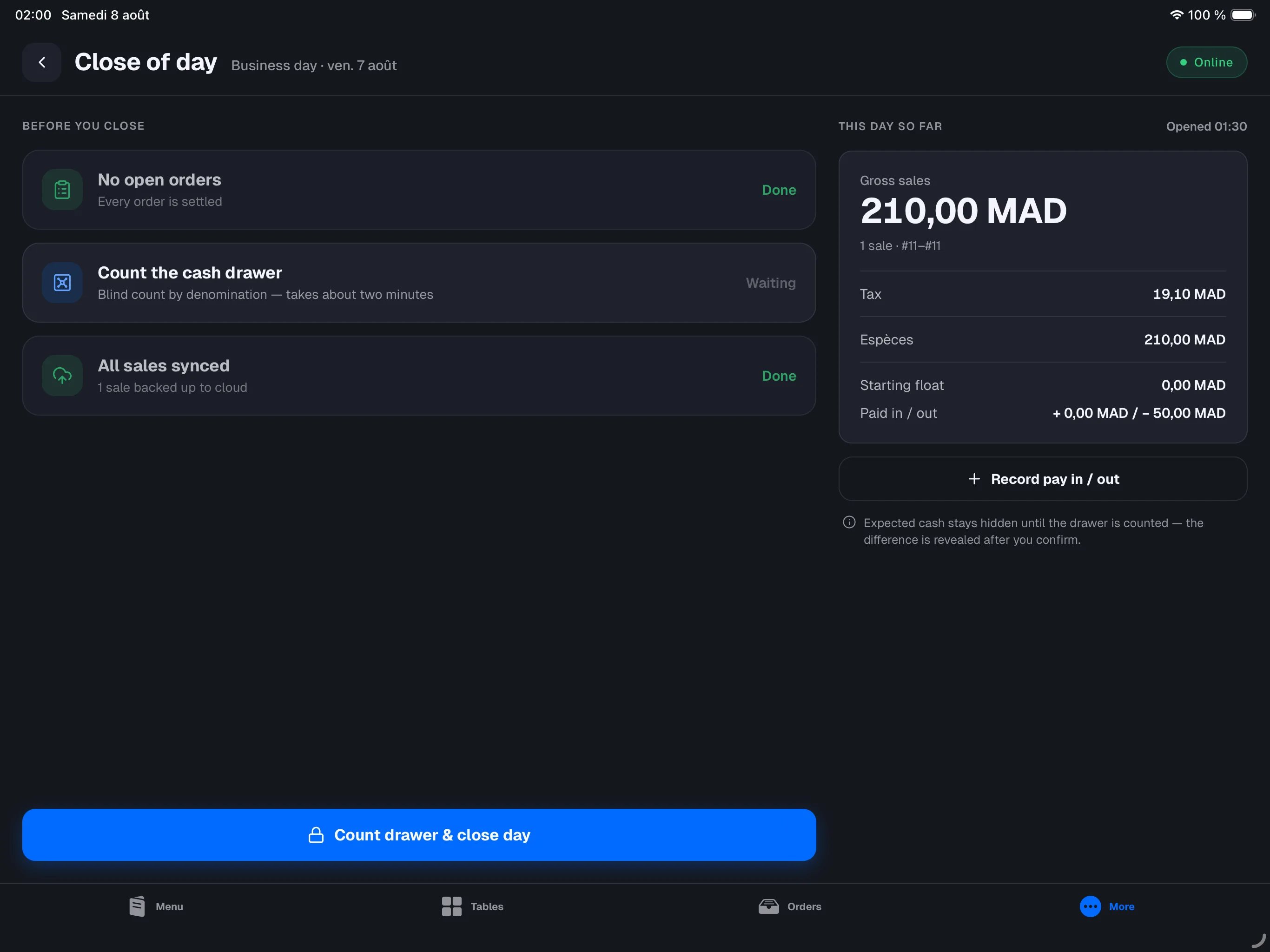 Close of day screen — BEFORE YOU CLOSE checklist on the left (open orders, count, sync), TODAY SO FAR card on the right, Count drawer & close day button
