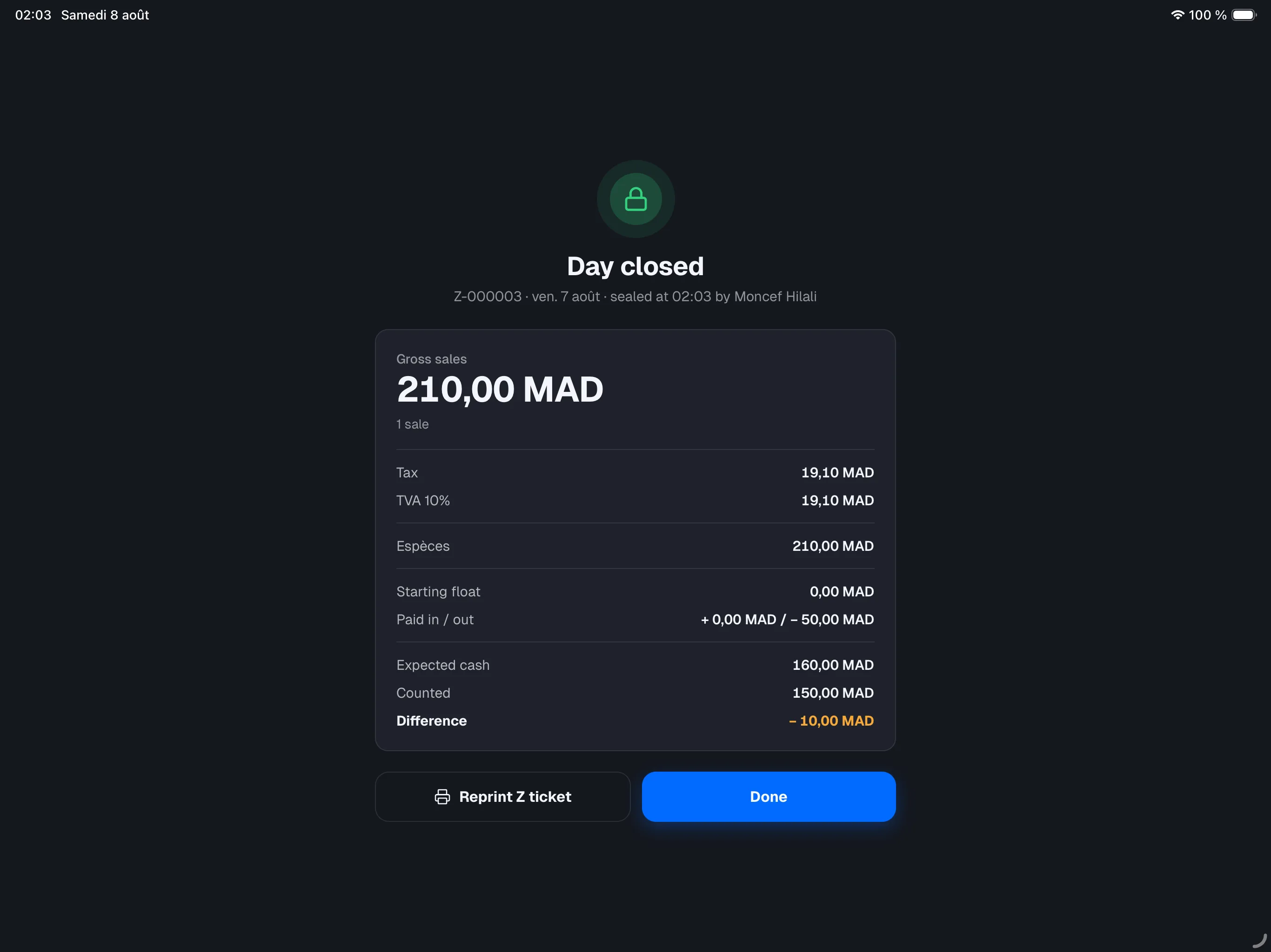 Day closed screen — green lock, Z # and full recap, Print Z ticket and Done buttons