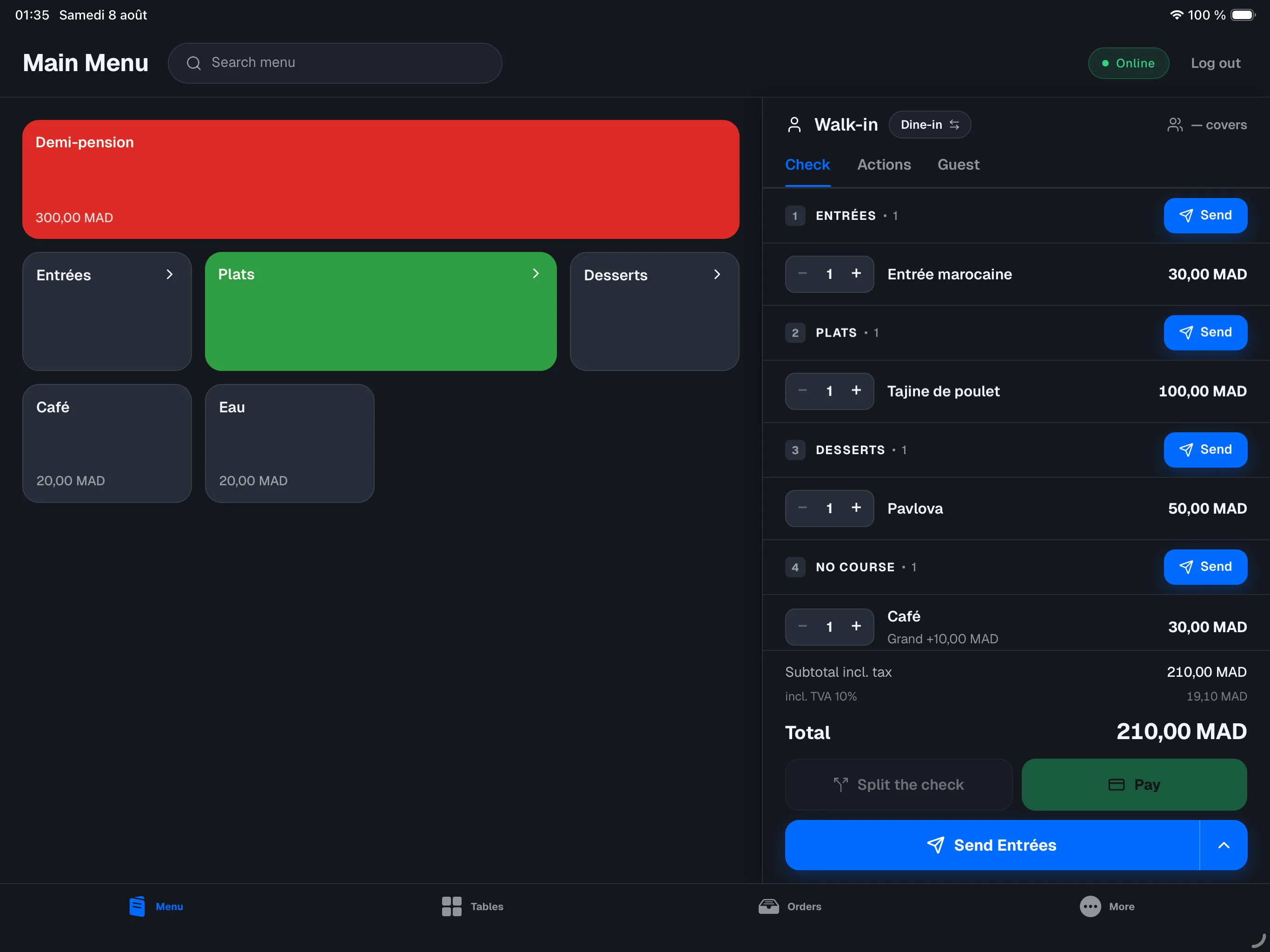 check panel with coursing on — STARTERS / MAIN COURSE headers with their Send button, lines grouped by course
