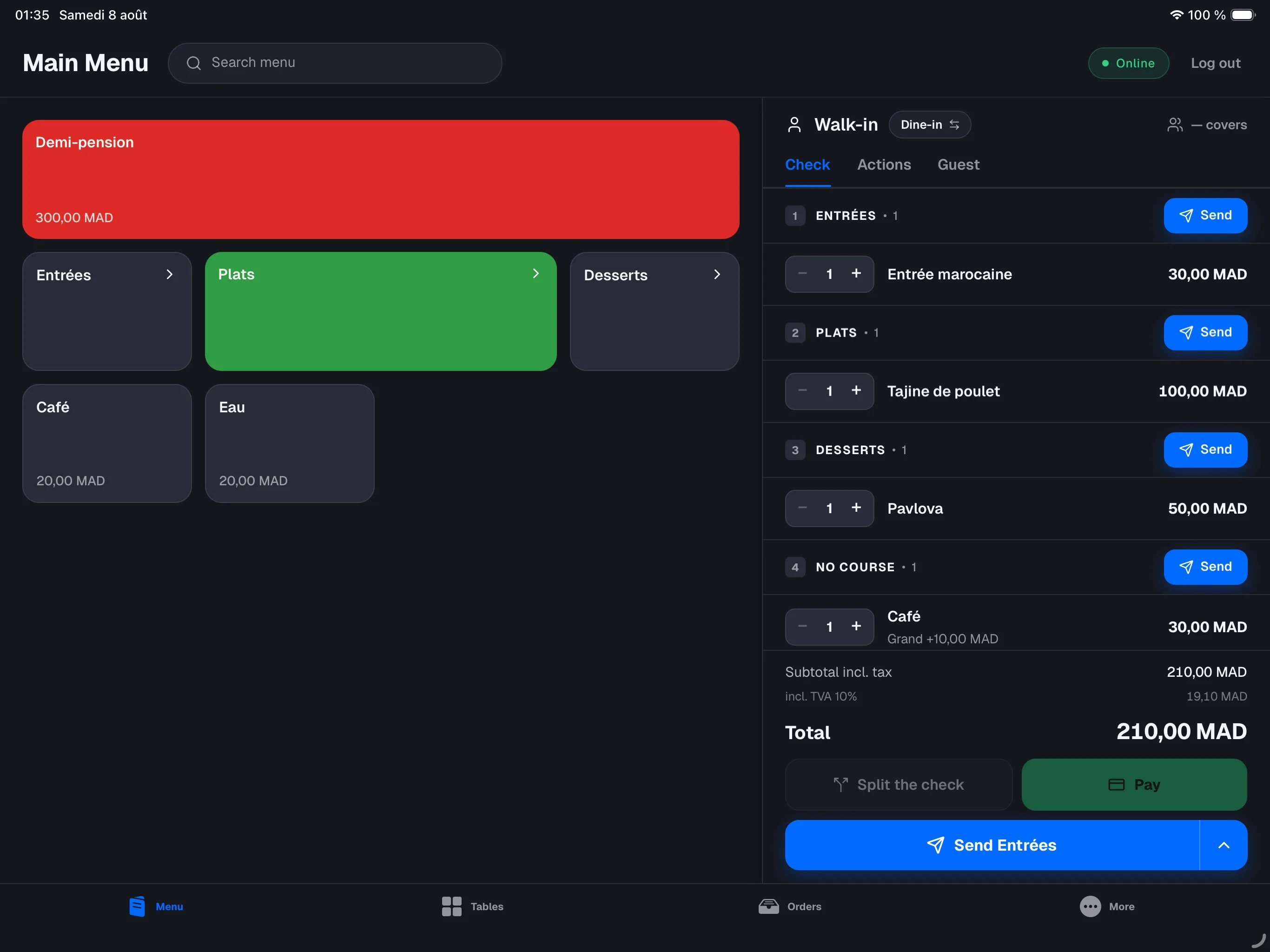 check panel with coursing on — STARTERS / MAIN COURSE headers with their Send button, lines grouped by course