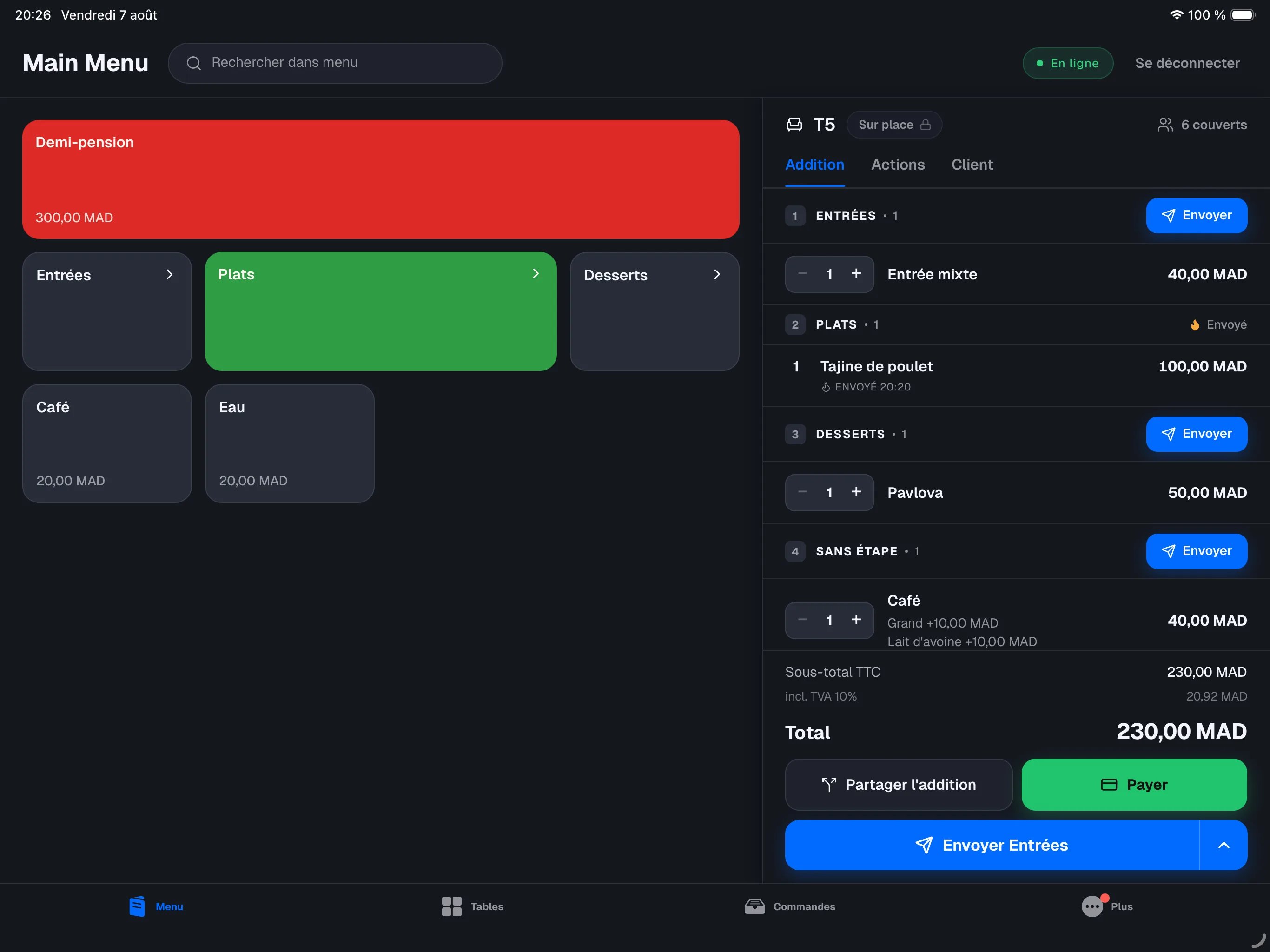 panneau de l'addition avec le coursing activé — en-têtes STARTERS / MAIN COURSE avec leur bouton Send, lignes groupées par étape