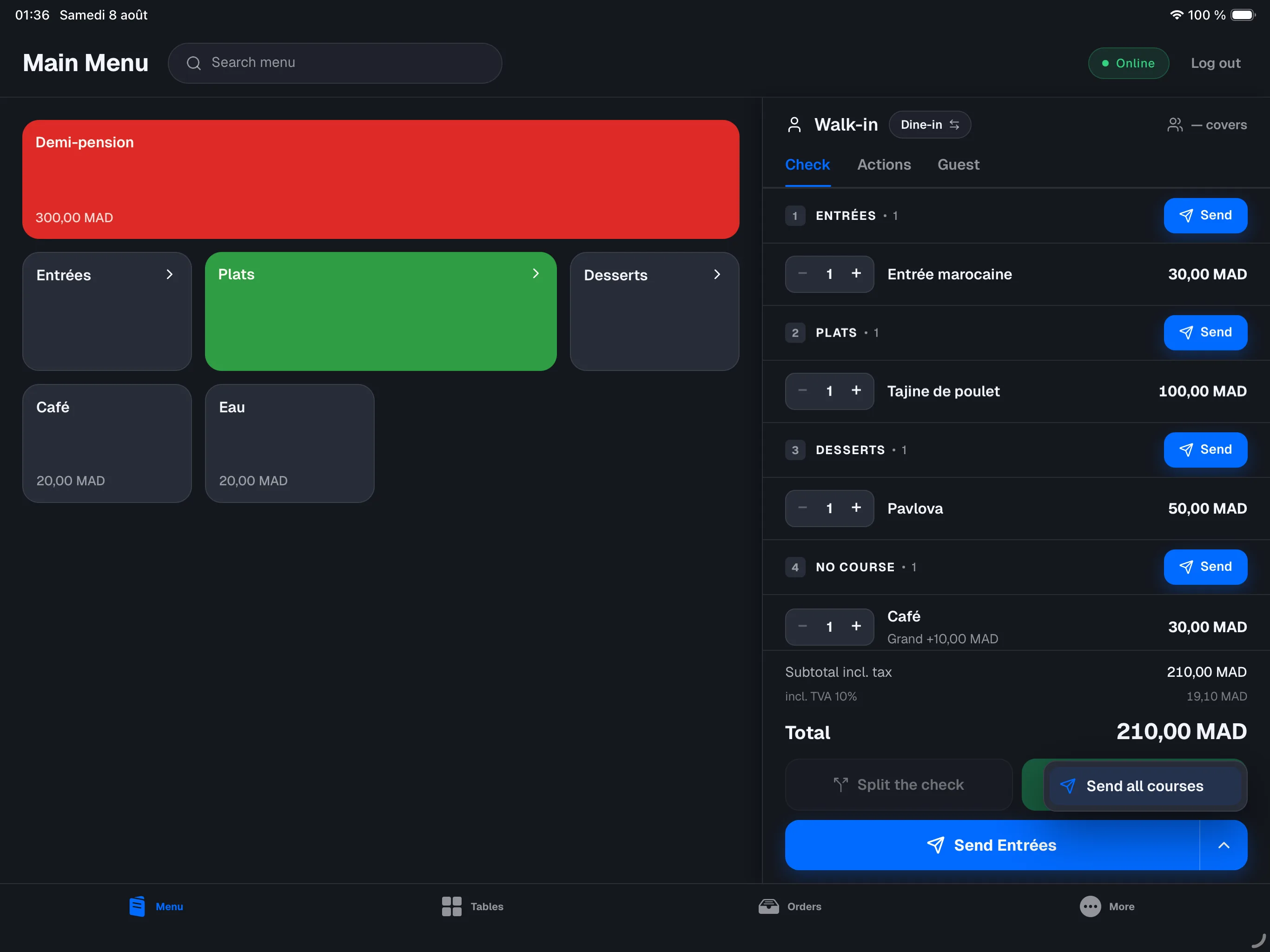 the split button at the bottom — 'Send Starters' with the ▾ caret, and the 'Send all courses' menu open