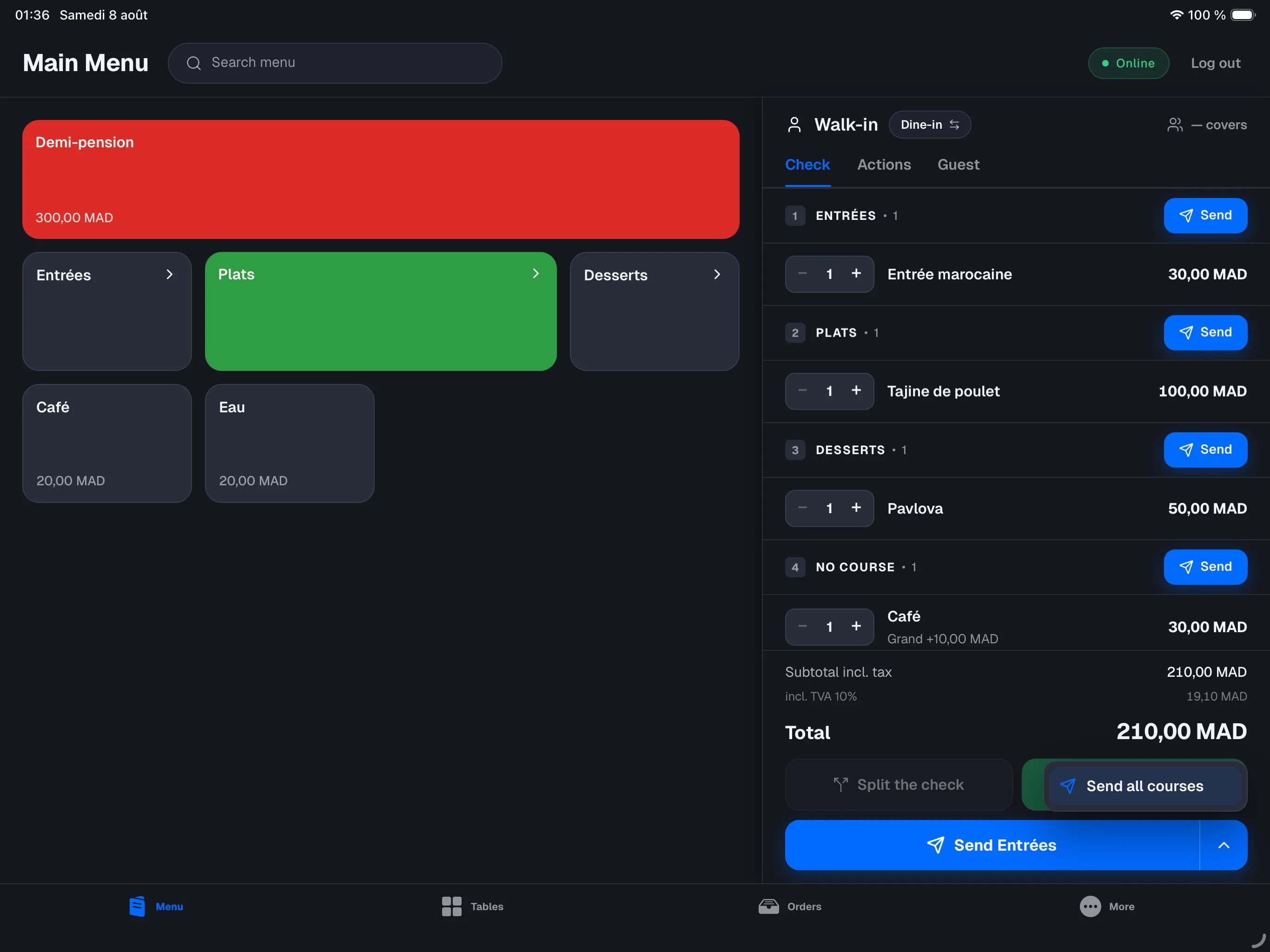 the split button at the bottom — 'Send Starters' with the ▾ caret, and the 'Send all courses' menu open