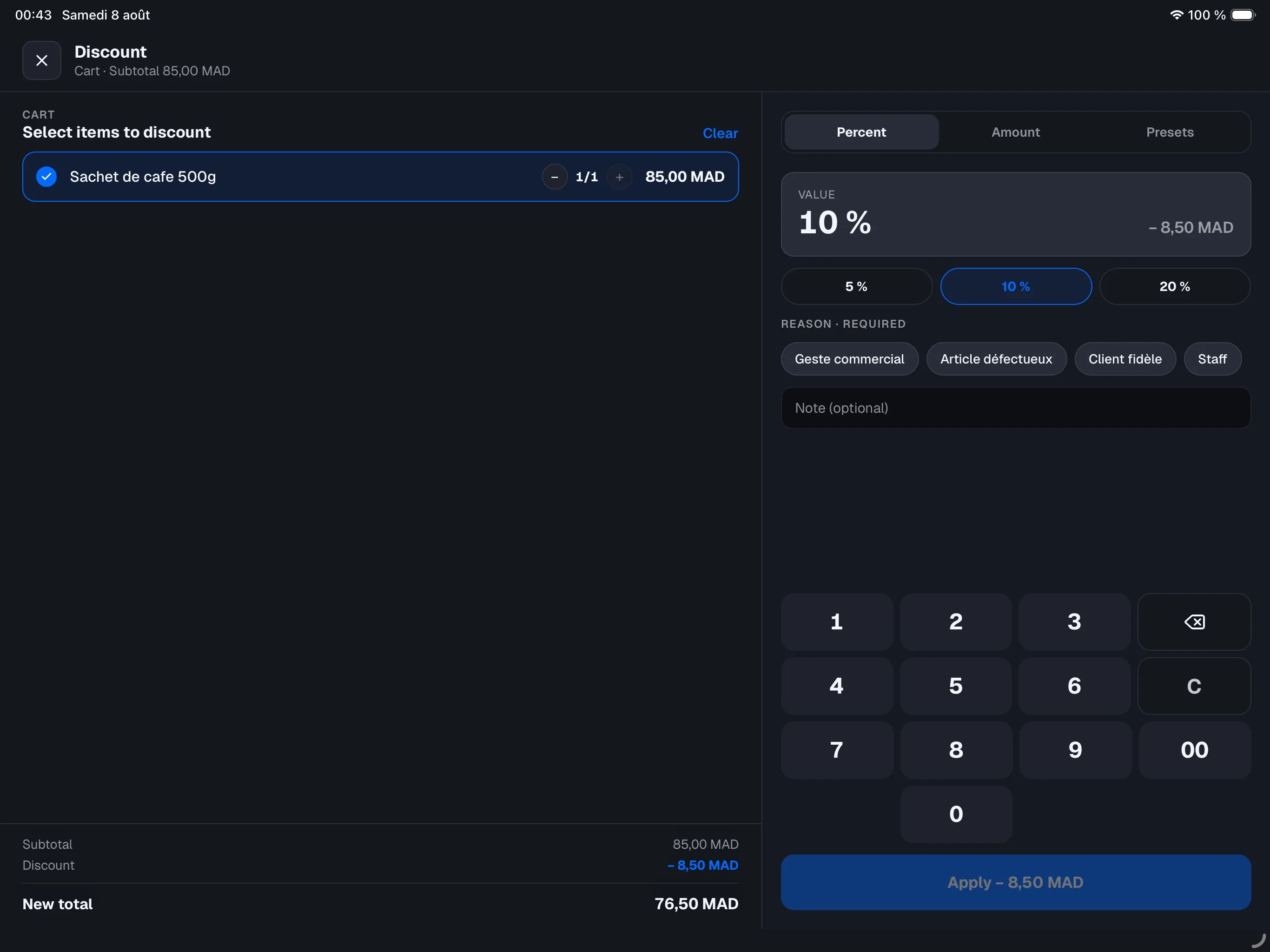 Discount screen — items selected on the left, Percent / Amount / Comp and reason chips on the right