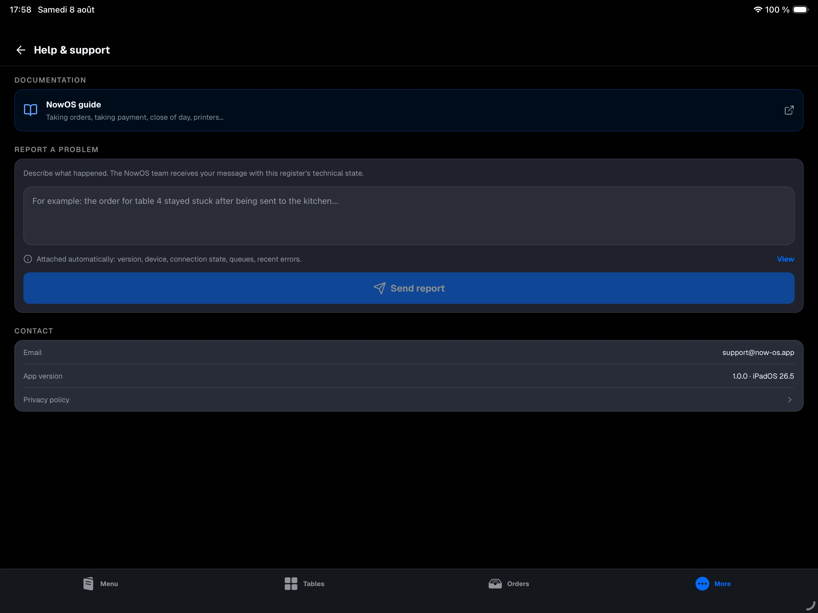More → Help & support — NowOS guide card, report field, and the 'attached automatically' block
