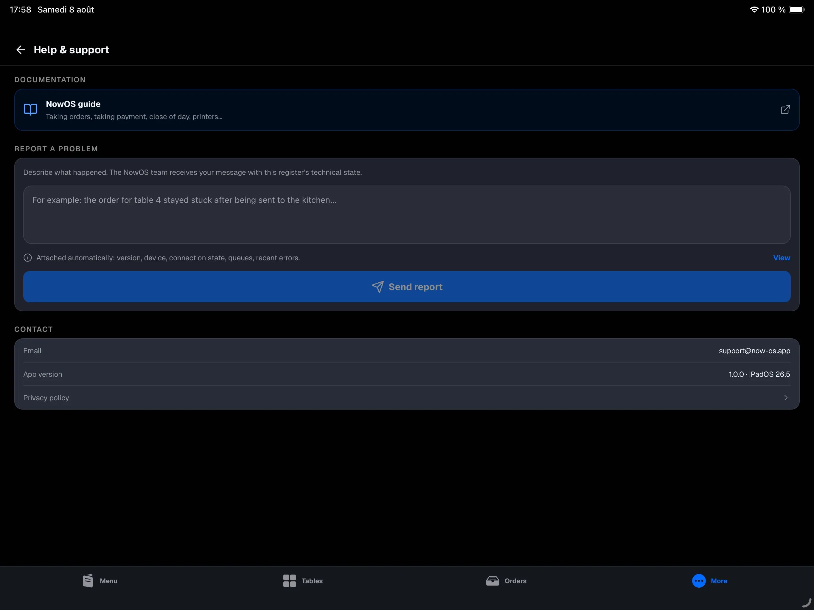 More → Help & support — NowOS guide card, report field, and the 'attached automatically' block