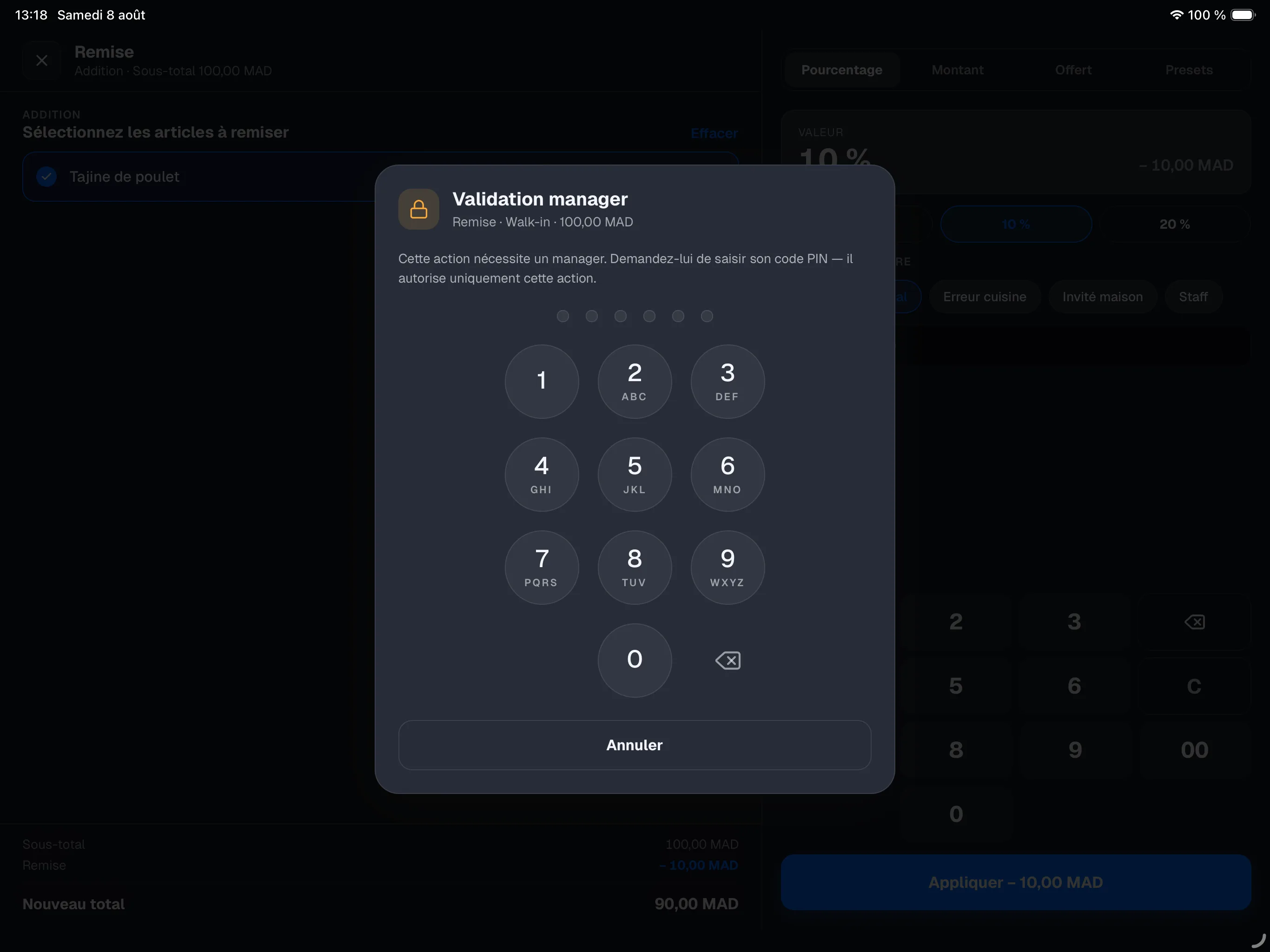 fenêtre Manager approval — saisie du PIN manager pour autoriser l'annulation