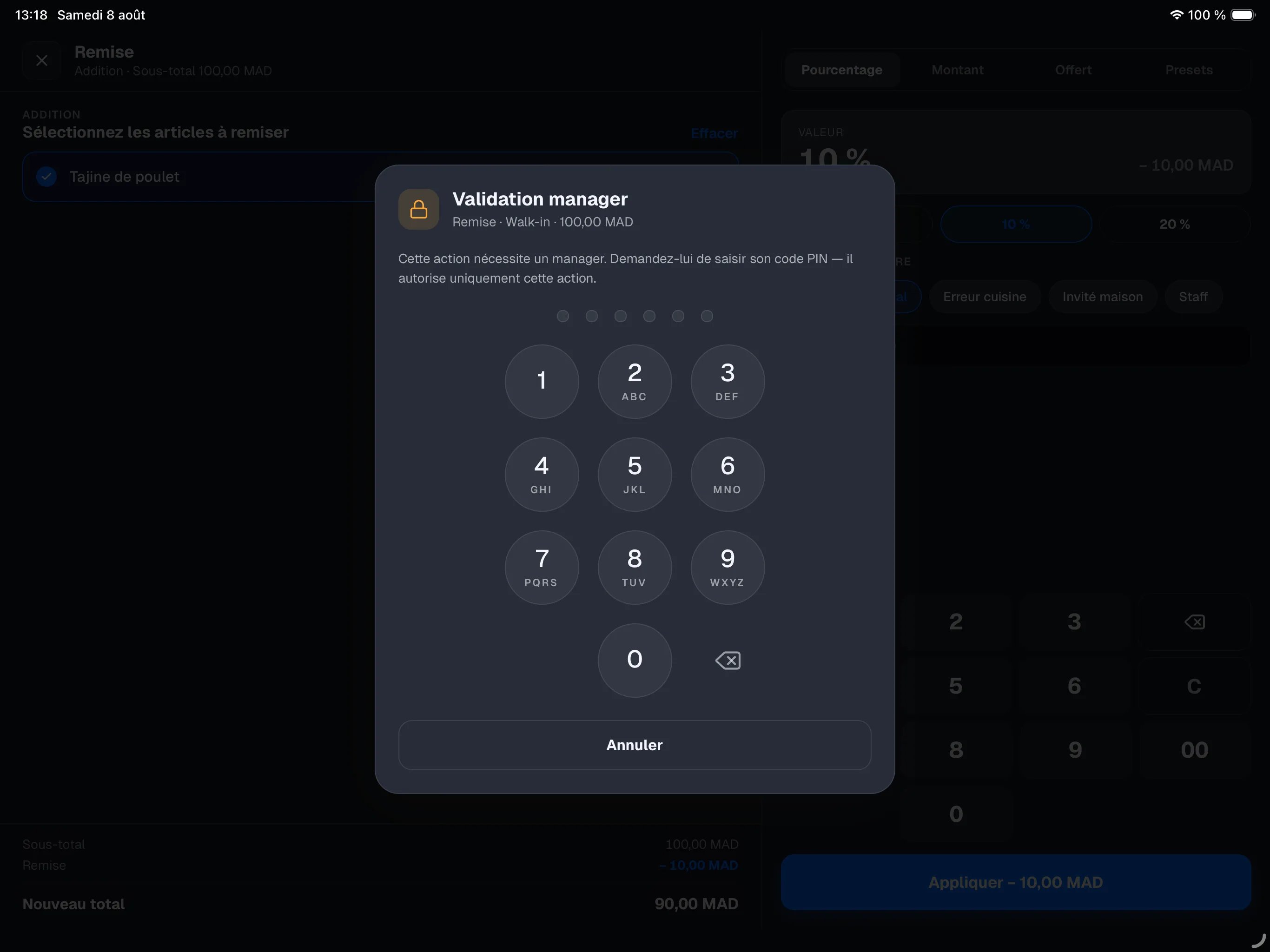 fenêtre Manager approval — saisie du PIN manager pour autoriser l'annulation