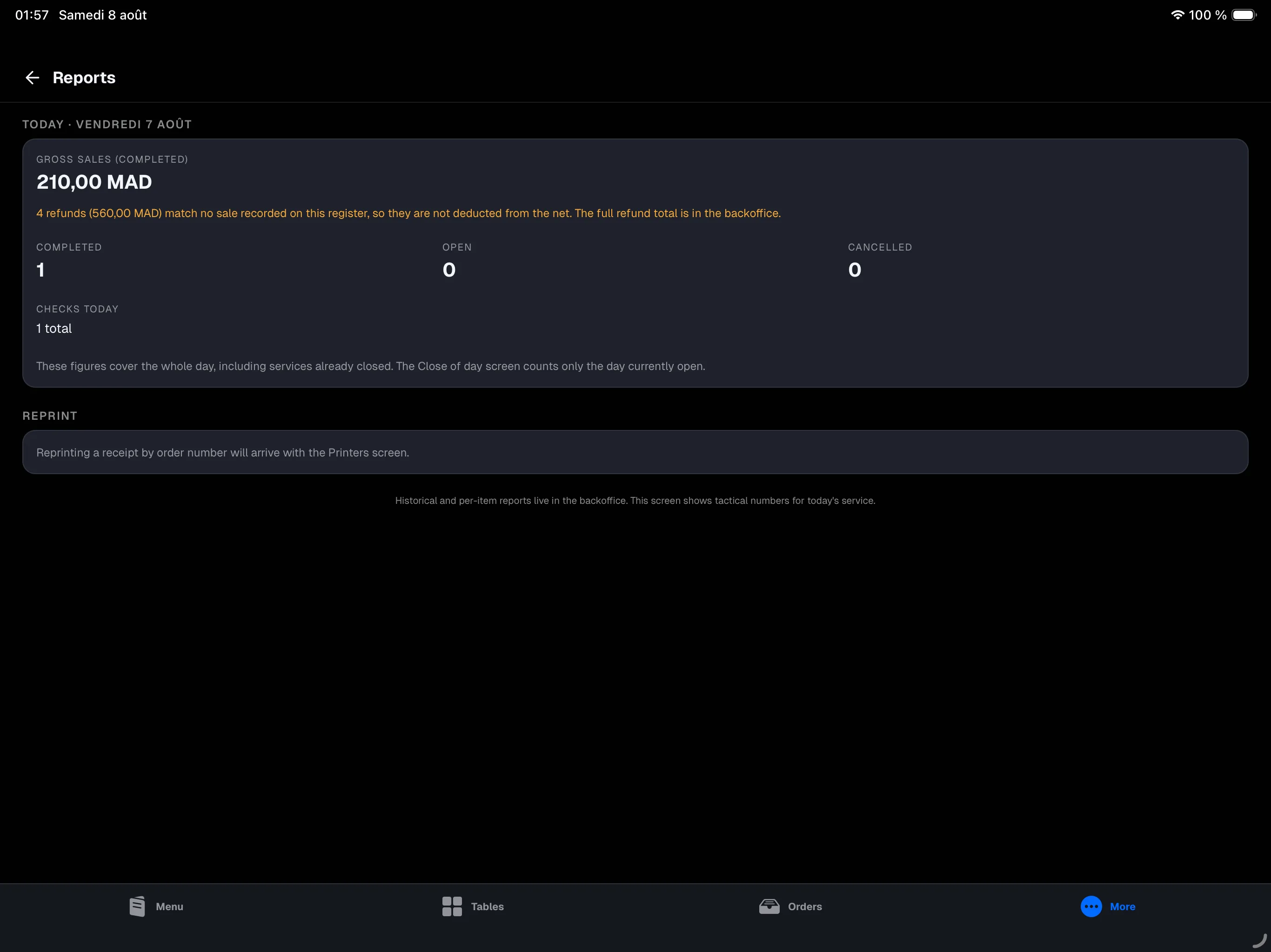 More tab on the main register, signed in as a manager — Account, Device, Store, and Primary iPad sections visible