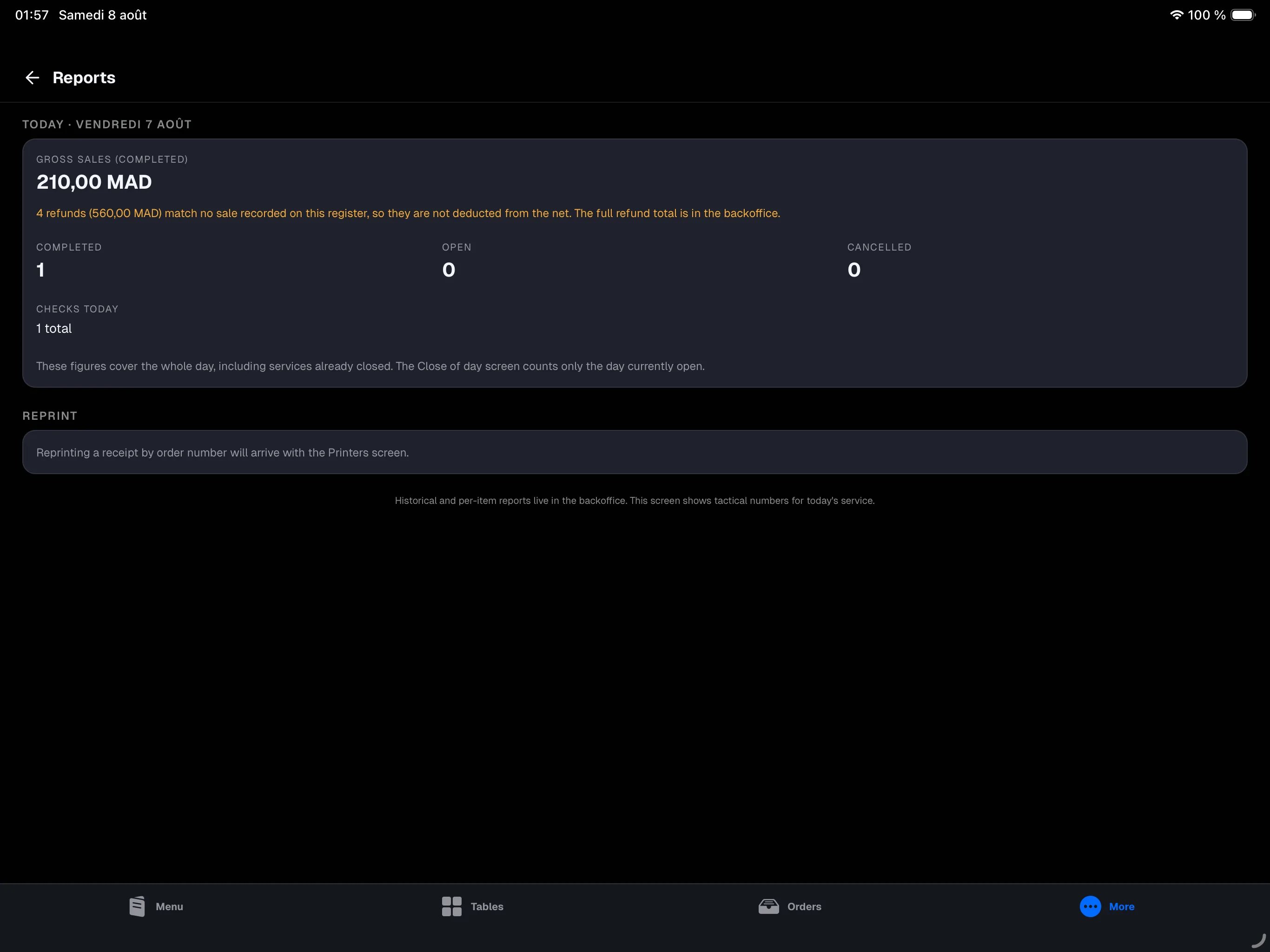 More tab on the main register, signed in as a manager — Account, Device, Store, and Primary iPad sections visible