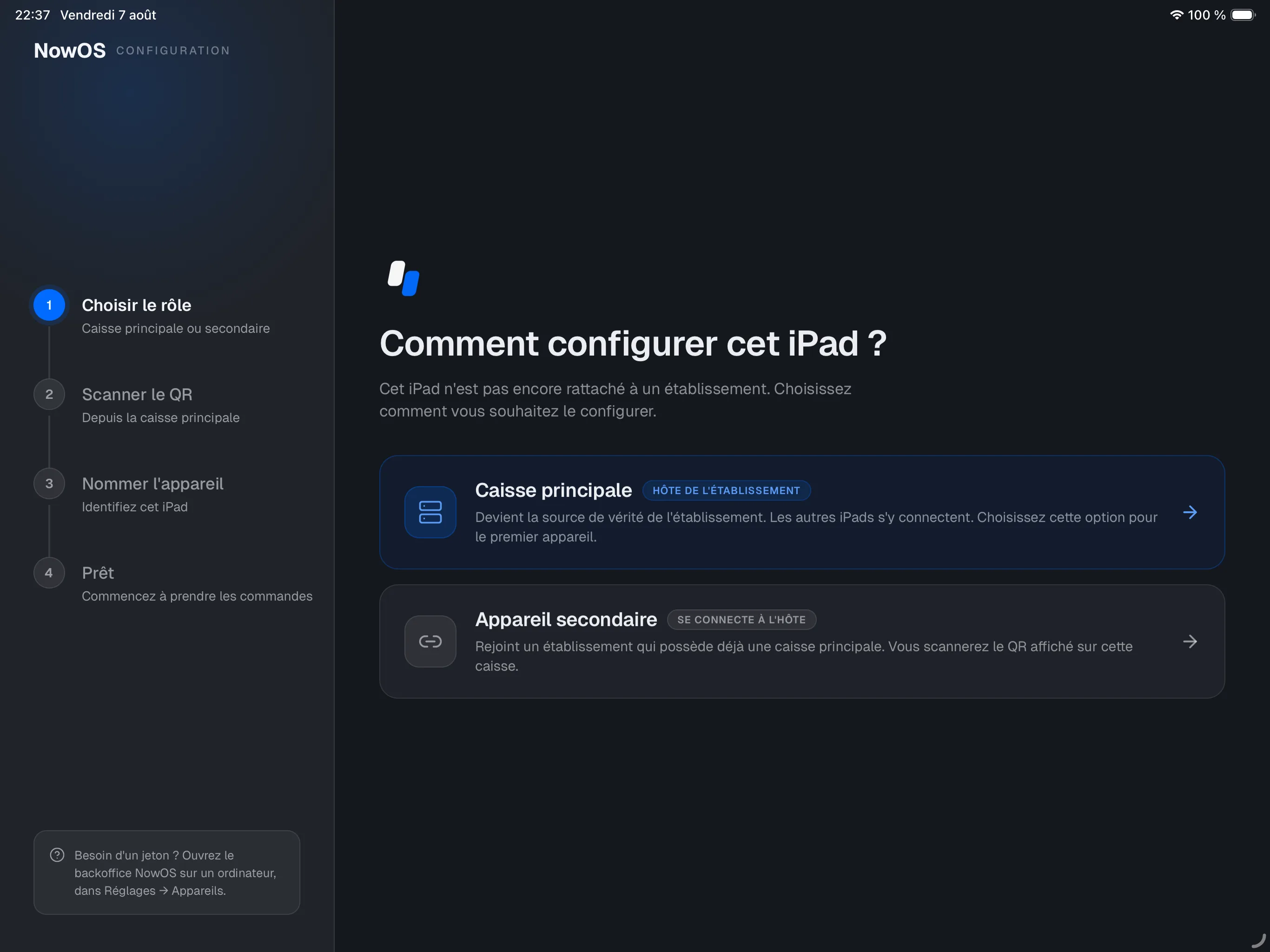 iPad, écran d'accueil « How should this iPad run? » avec les deux cartes Primary POS / Secondary POS