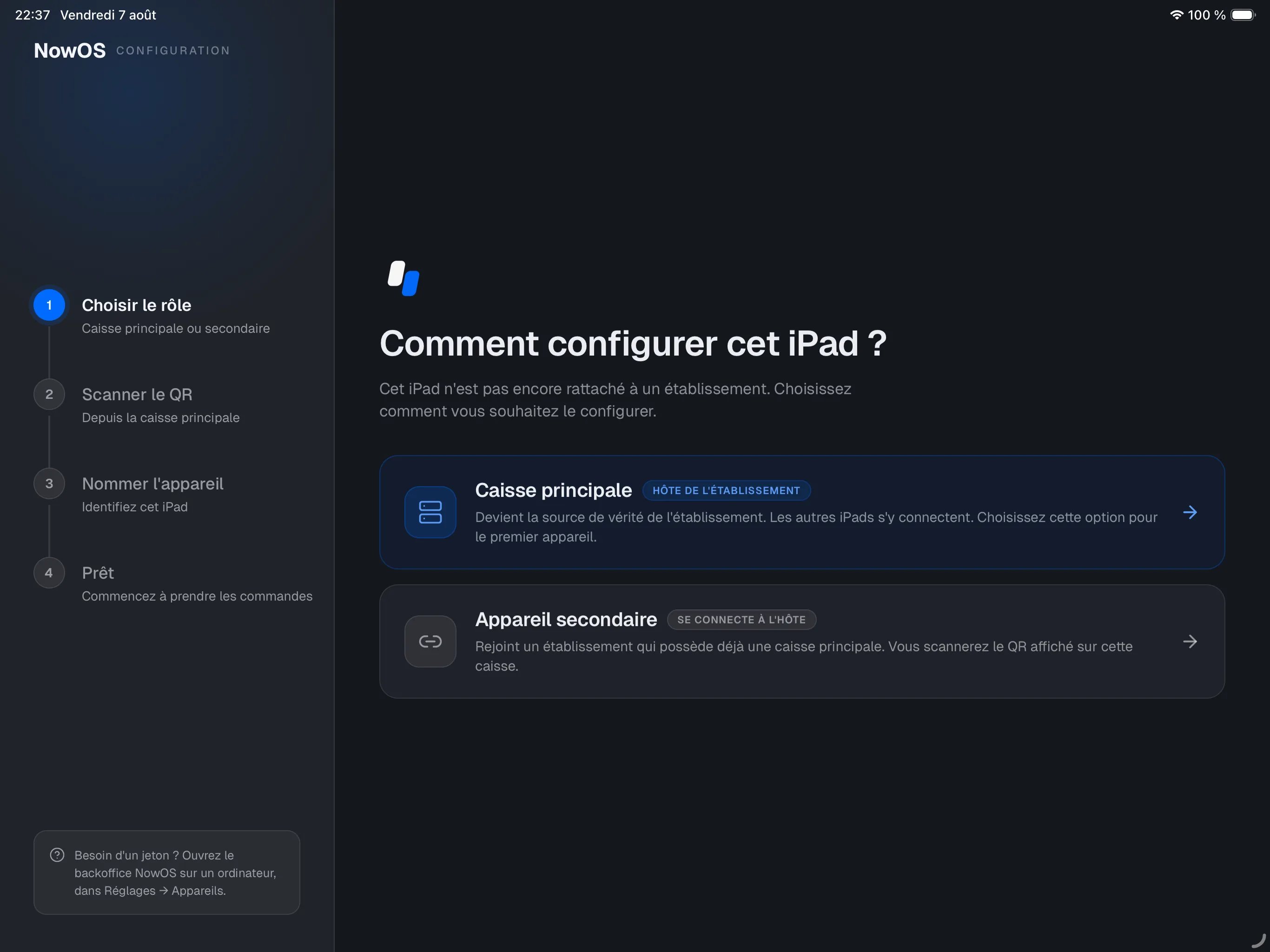 iPad, écran d'accueil « How should this iPad run? » avec les deux cartes Primary POS / Secondary POS
