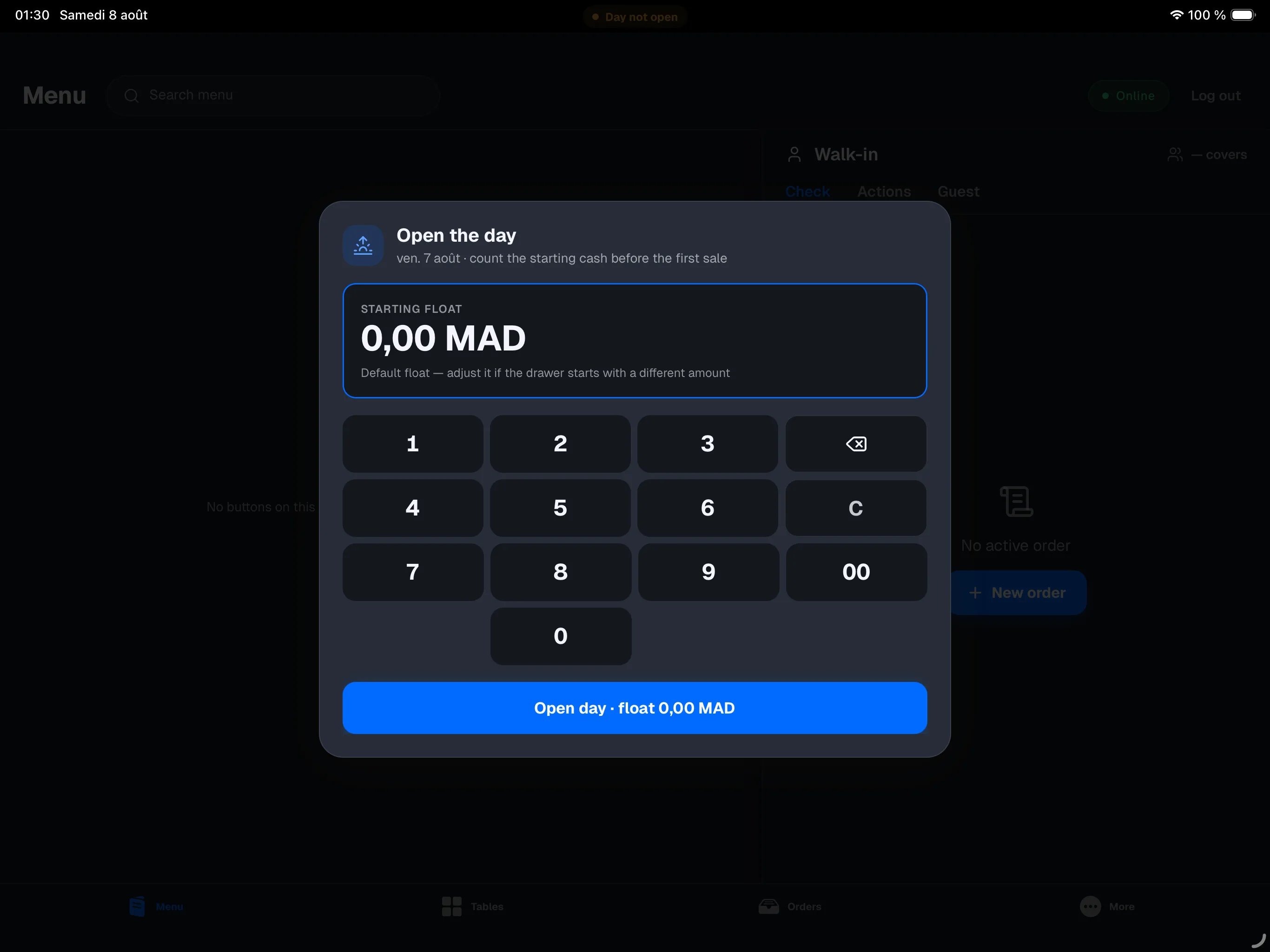register — 'Open the day' window with the opening float amount and the keypad