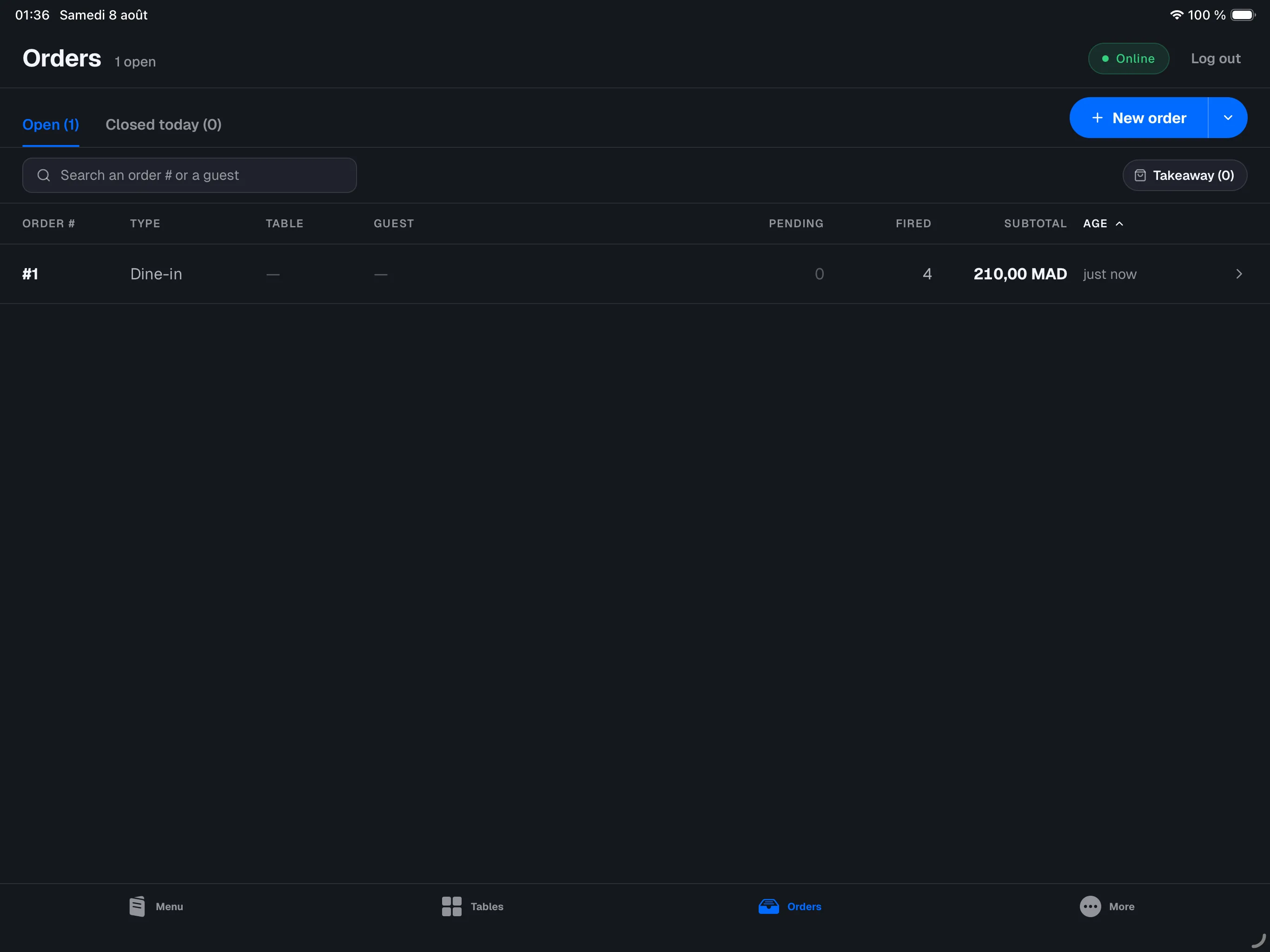 Orders tab, Open filter active, restaurant mode, a few open orders with pending lines (Pending column highlighted)