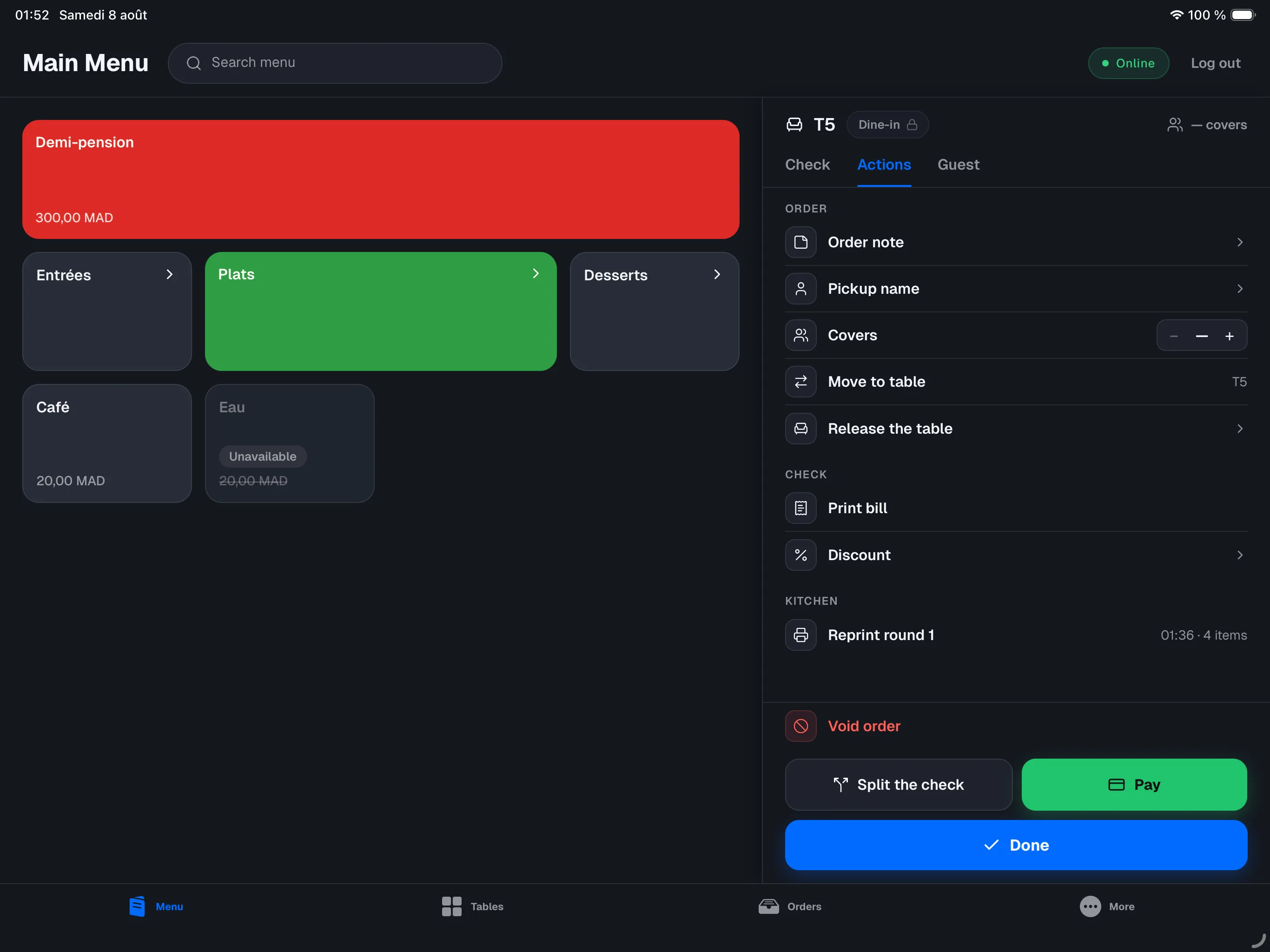 restaurant mode — order panel with the Split / Pay / Send bar at the bottom, order with items sent to the kitchen