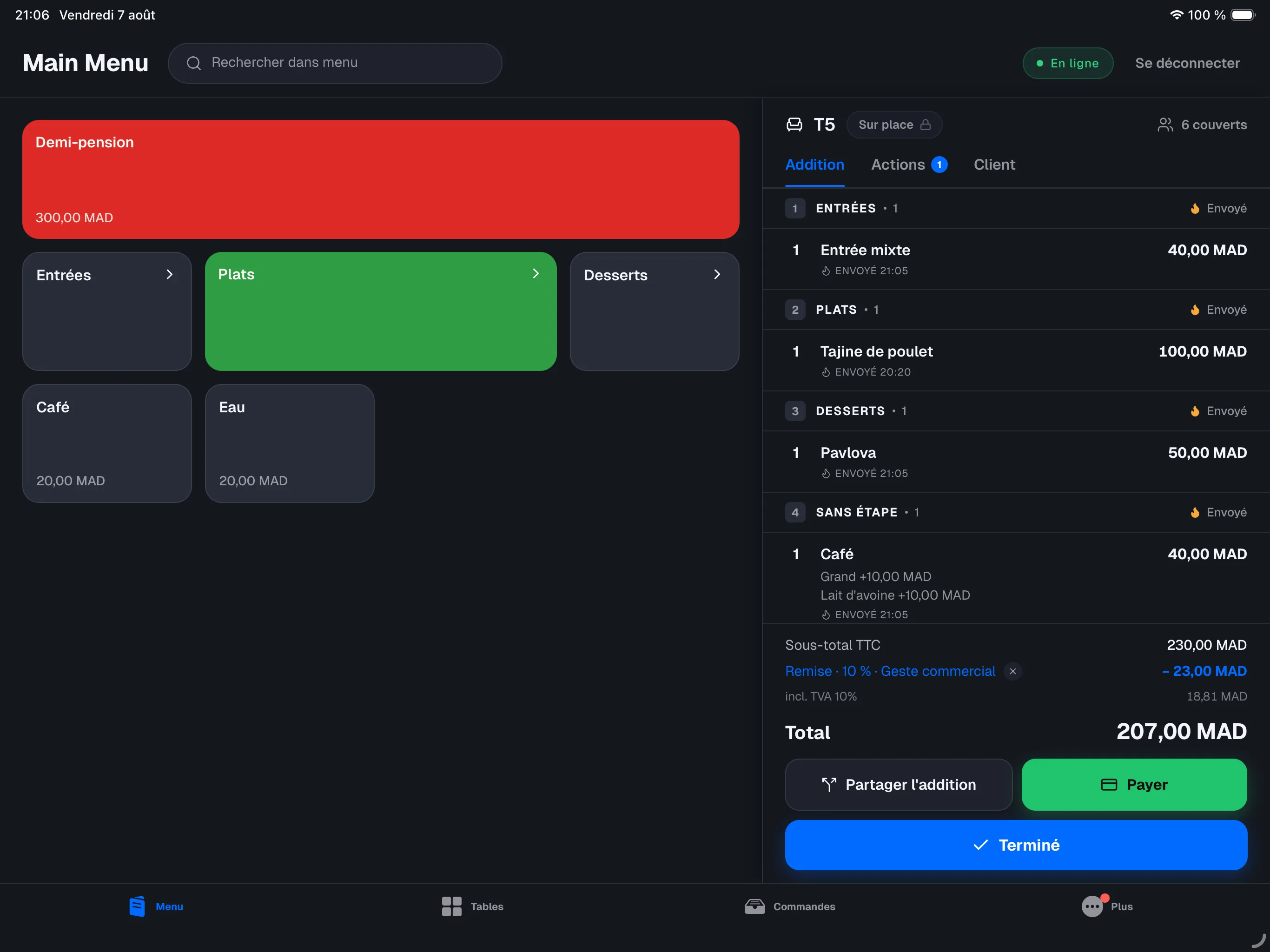 mode restaurant — panneau de commande avec la barre Split / Pay / Send en bas, commande avec articles envoyés en cuisine