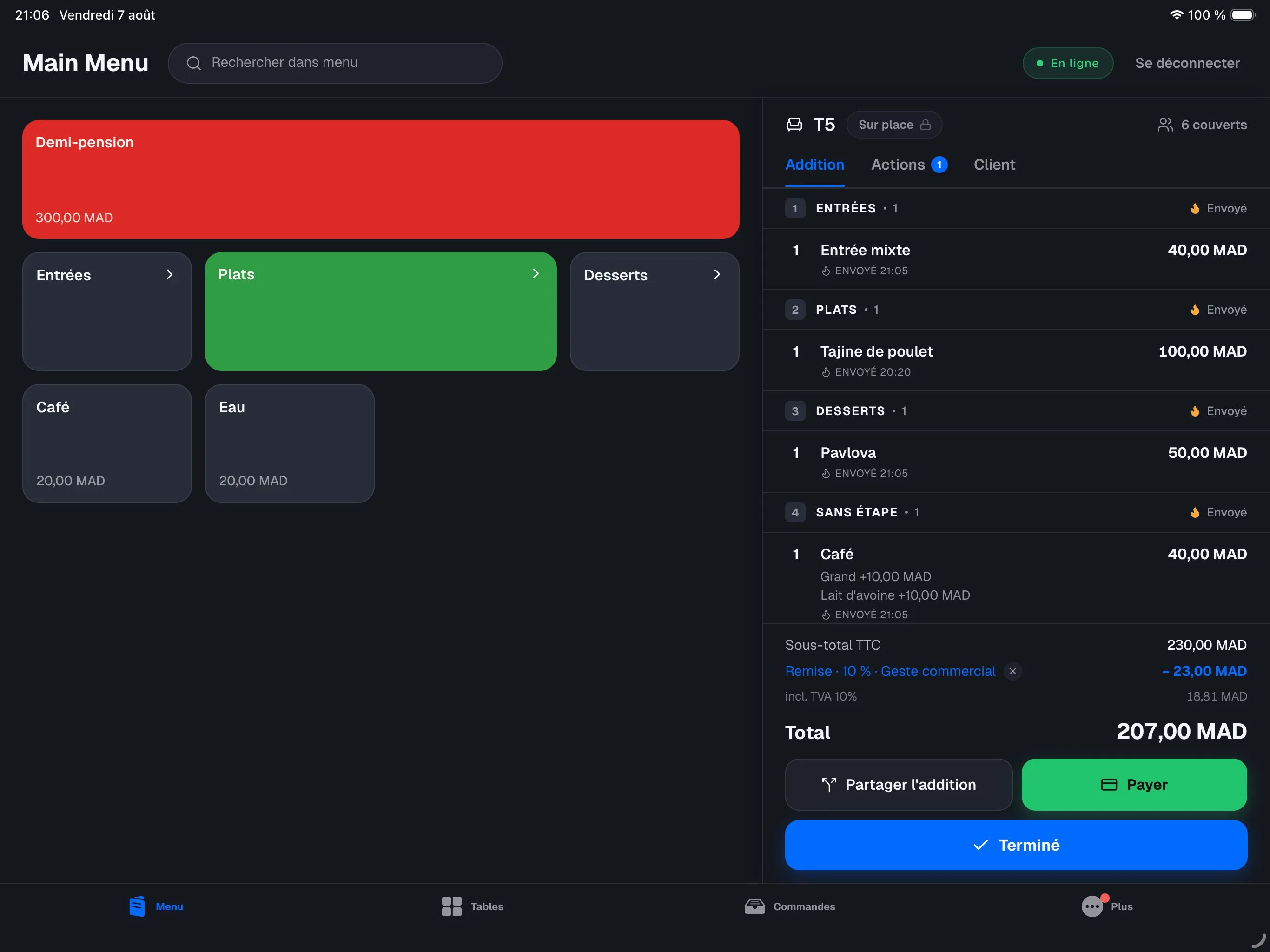 mode restaurant — panneau de commande avec la barre Split / Pay / Send en bas, commande avec articles envoyés en cuisine