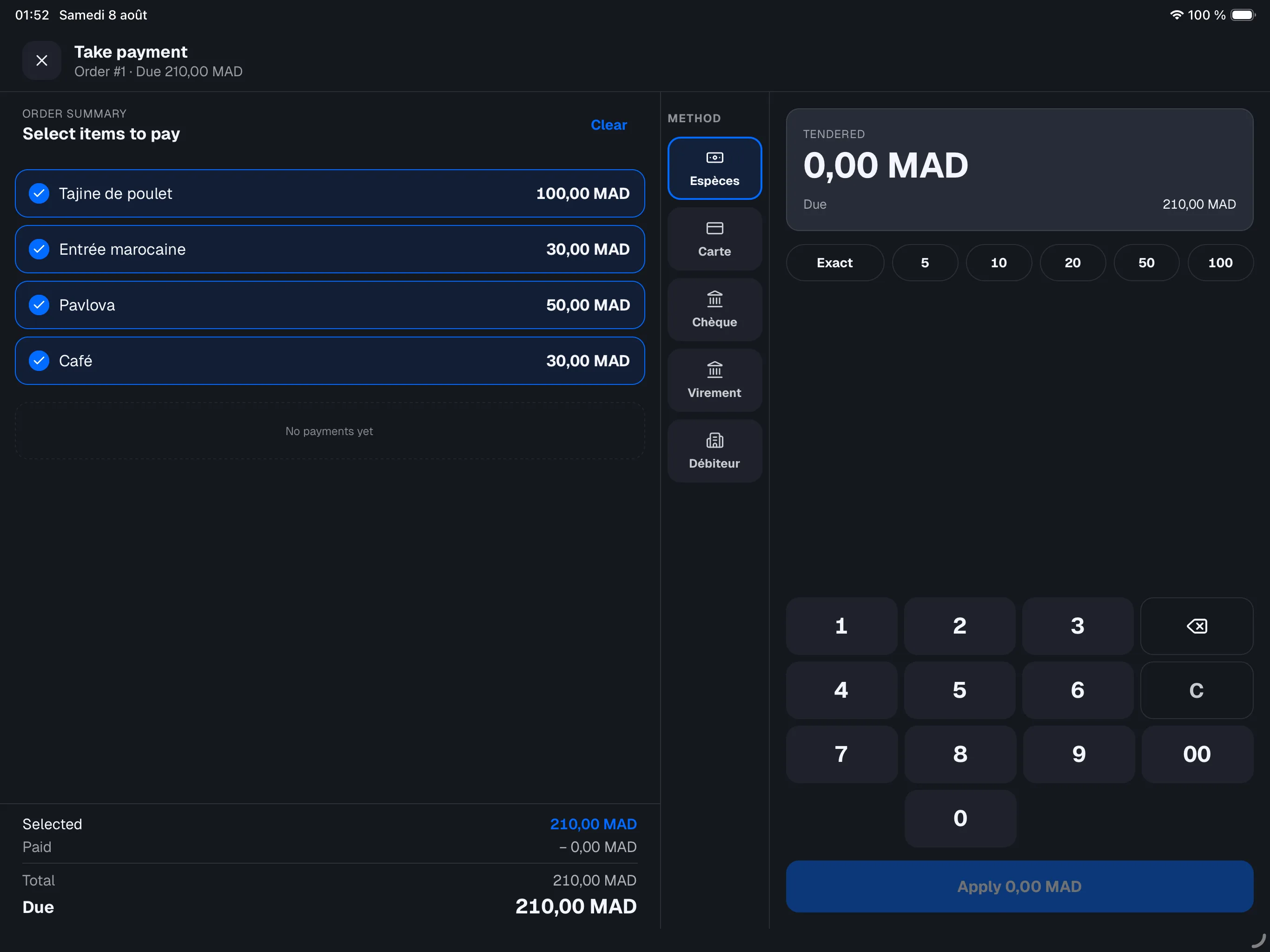 Pay screen — the vertical payment-method rail between the check and the pad, one method selected in azure