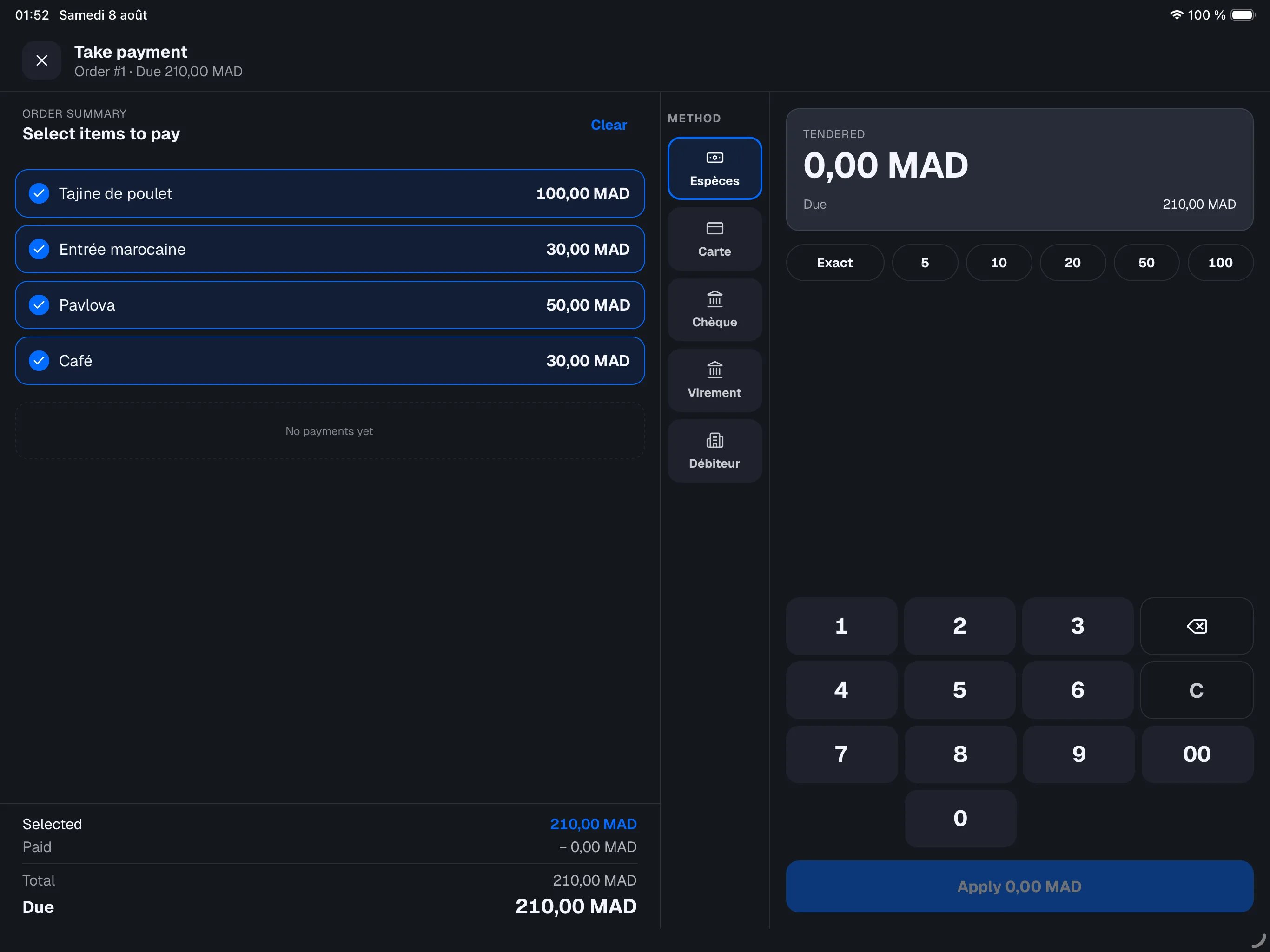 Pay screen — the vertical payment-method rail between the check and the pad, one method selected in azure