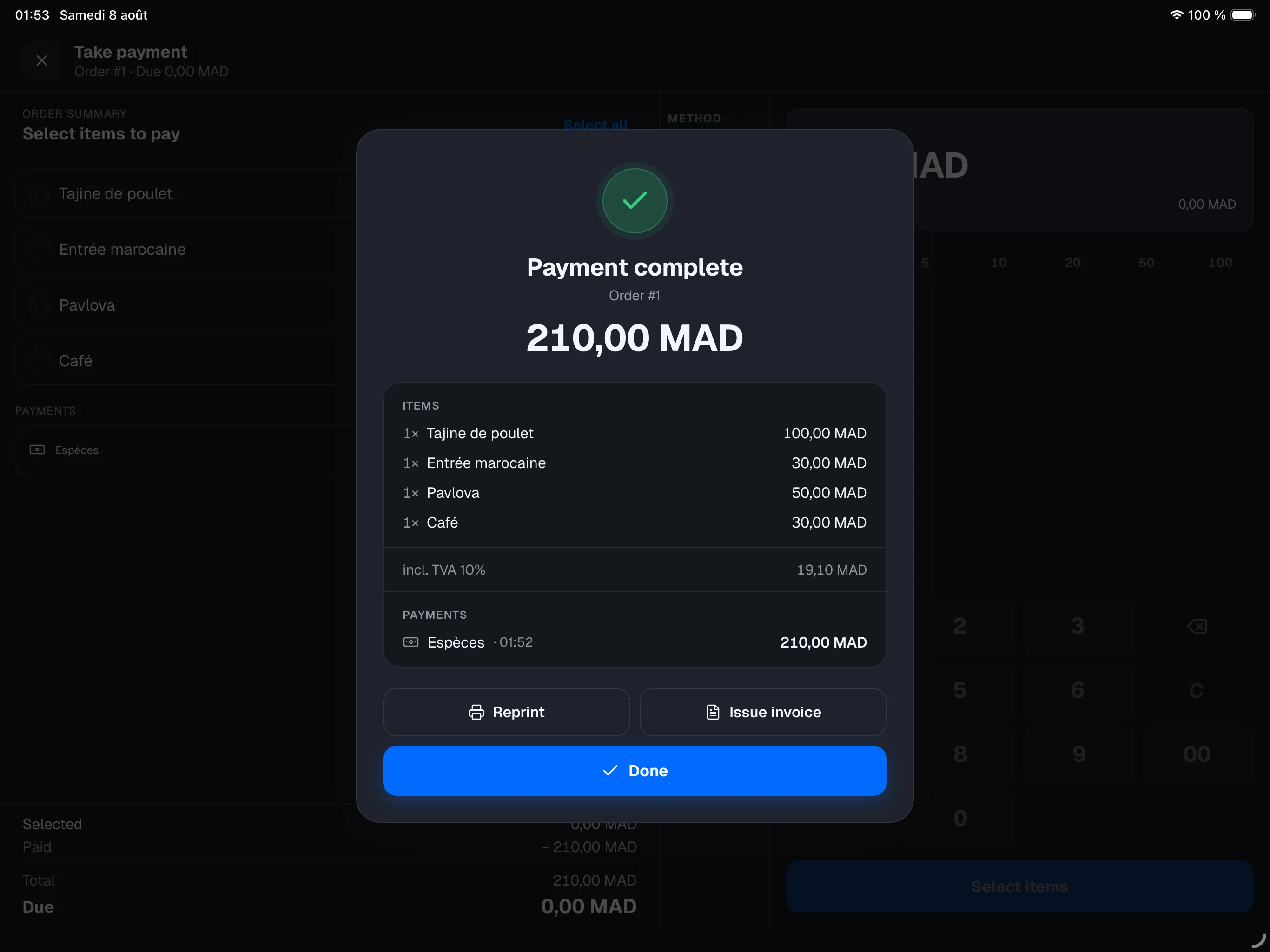 Payment complete screen after taking payment — amount in large type, receipt detail, Reprint / Issue invoice / Done buttons