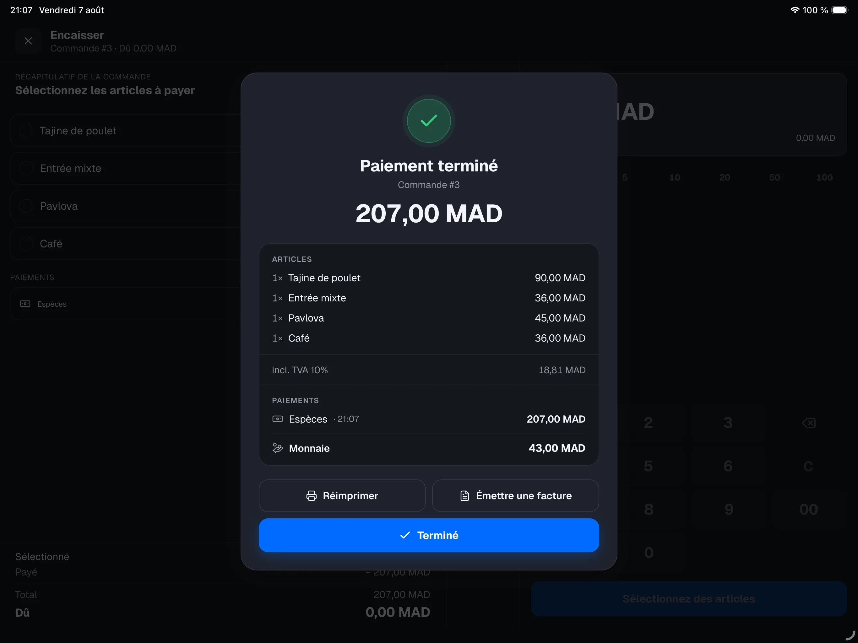 écran Payment complete après encaissement — montant en grand, détail du ticket, boutons Reprint / Issue invoice / Done