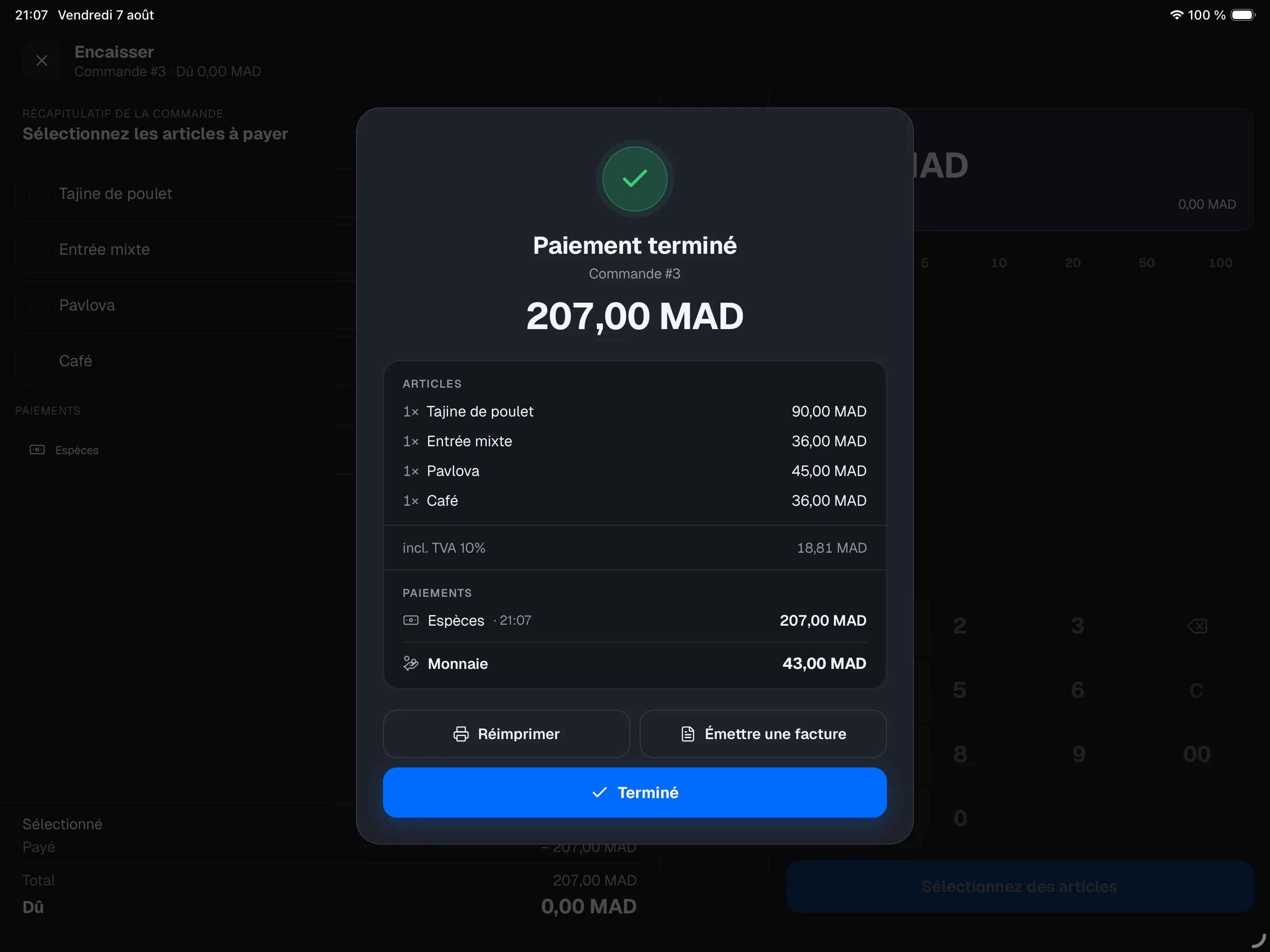 écran Payment complete après encaissement — montant en grand, détail du ticket, boutons Reprint / Issue invoice / Done