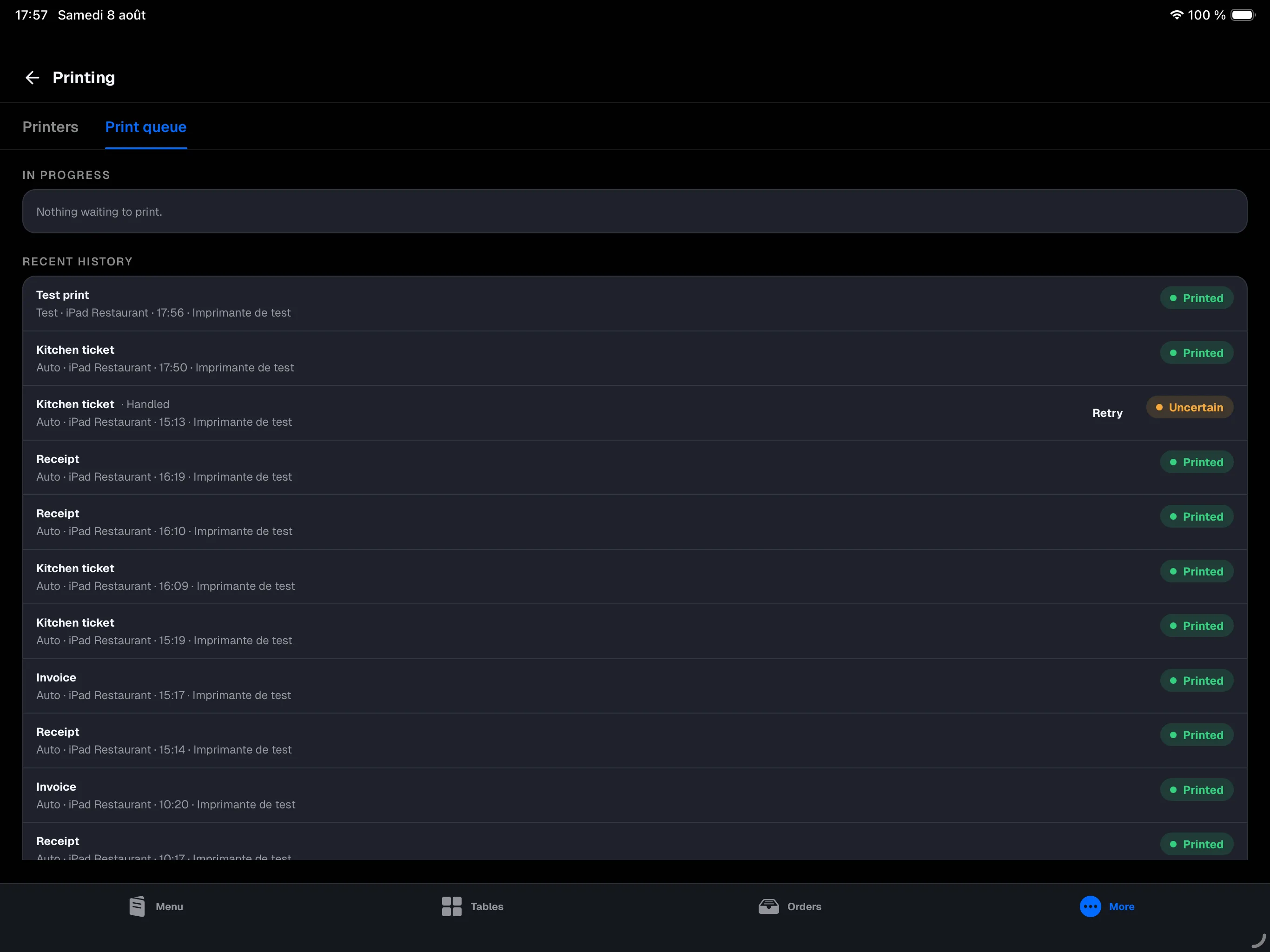 main register — More → Printing screen, Print queue tab: In progress, then the recent history of printed tickets