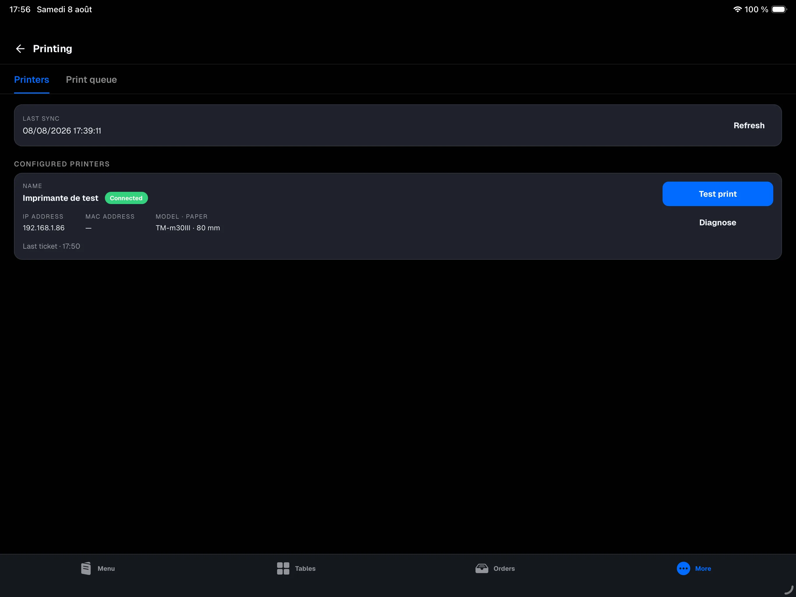 main register — More → Printing screen, Printers tab, with a printer card (Connected status, IP address, MAC address, Test print and Diagnose buttons)