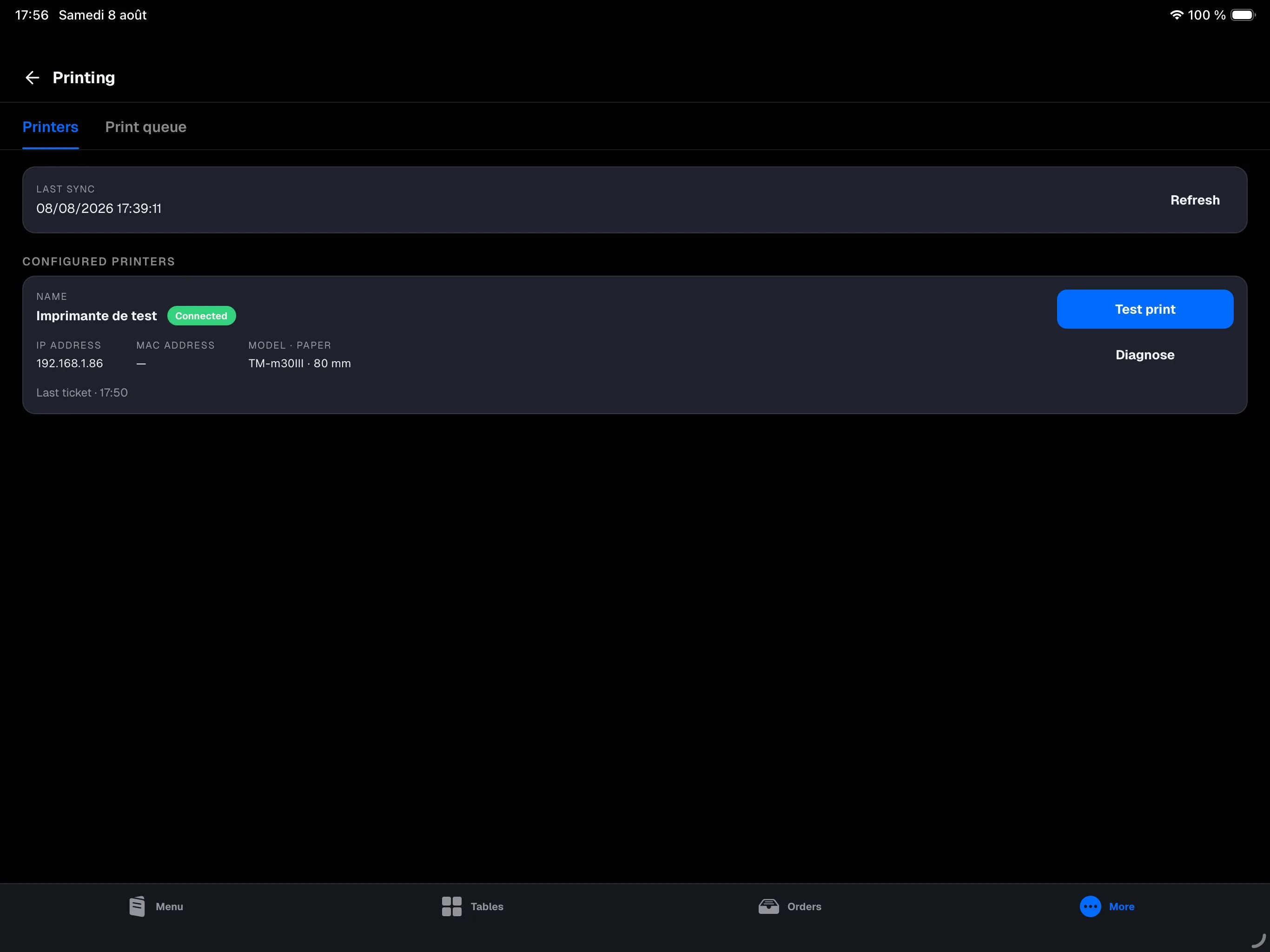 main register — More → Printing screen, Printers tab, with a printer card (Connected status, IP address, MAC address, Test print and Diagnose buttons)