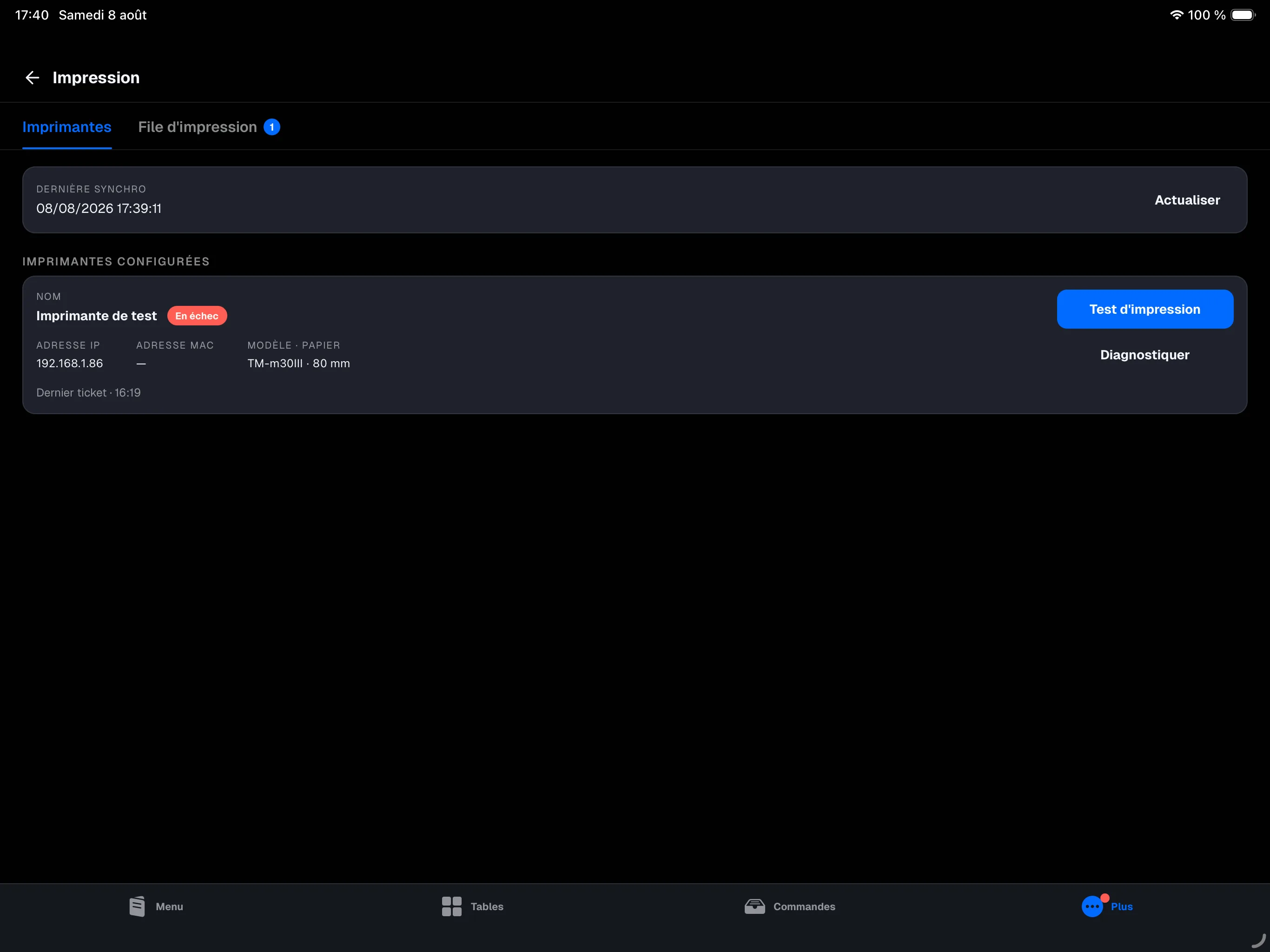 caisse principale — écran Plus → Impression, onglet Imprimantes, avec une fiche imprimante (statut Connectée, Adresse IP, Adresse MAC, boutons Test d'impression et Diagnostiquer)