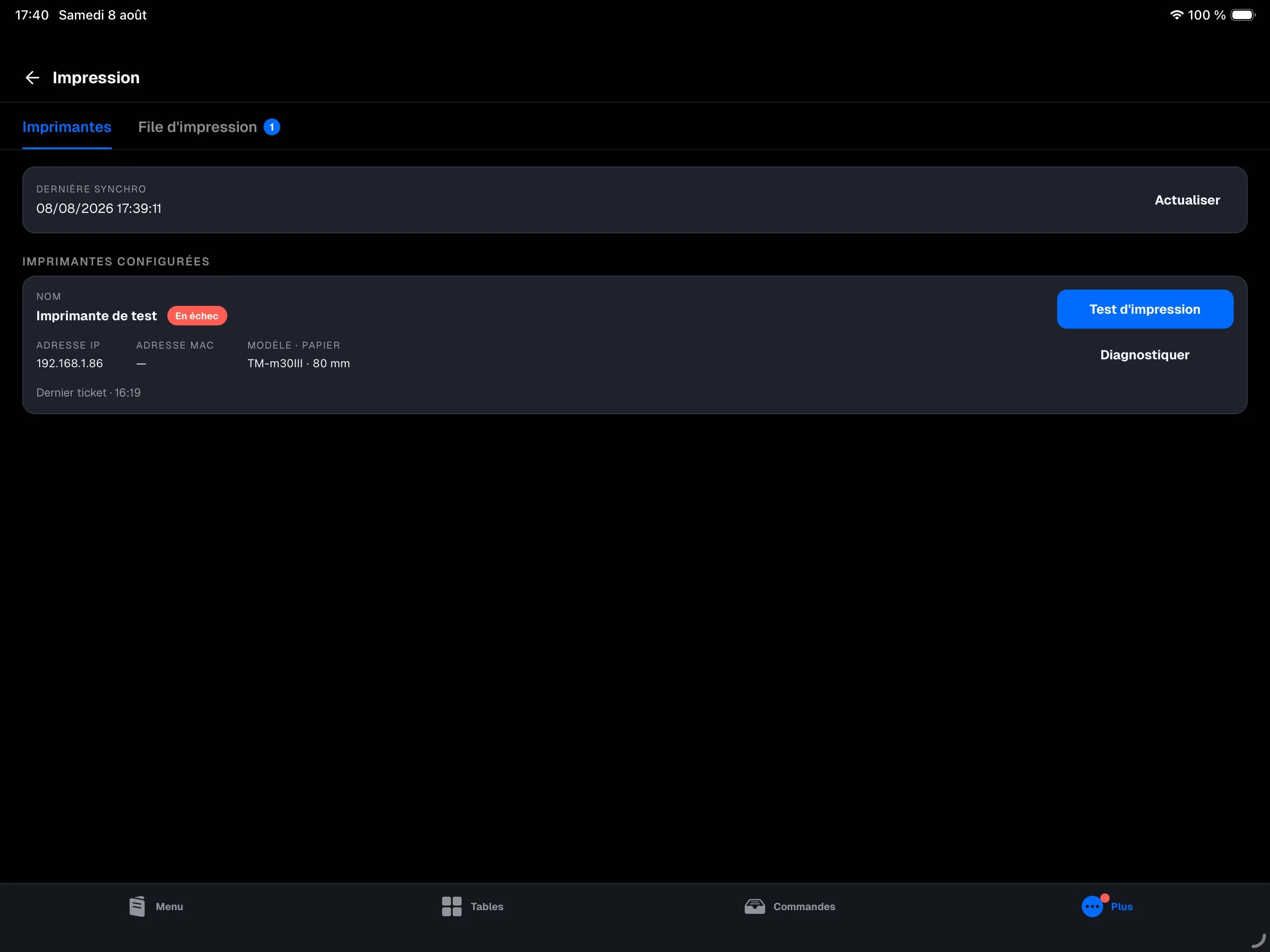 caisse principale — écran Plus → Impression, onglet Imprimantes, avec une fiche imprimante (statut Connectée, Adresse IP, Adresse MAC, boutons Test d'impression et Diagnostiquer)
